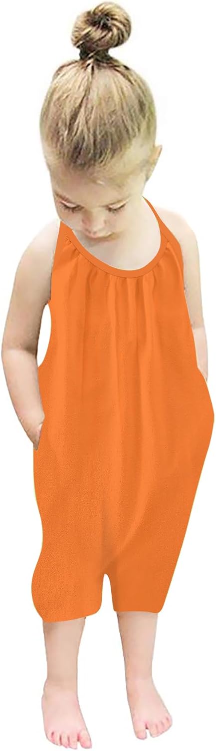 Backless Strap Slouch Jumpsuit for Toddler Girls Cute Harem Halter Romper Pants with Pockets