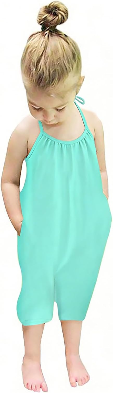 Backless Strap Slouch Jumpsuit for Toddler Girls Cute Harem Halter Romper Pants with Pockets