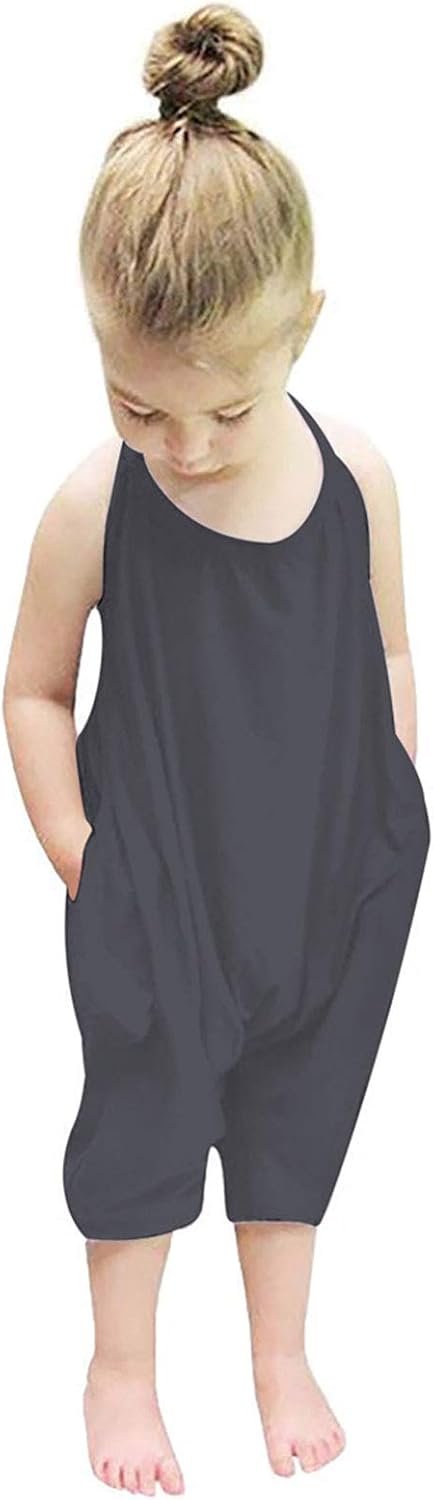 Backless Strap Slouch Jumpsuit for Toddler Girls Cute Harem Halter Romper Pants with Pockets