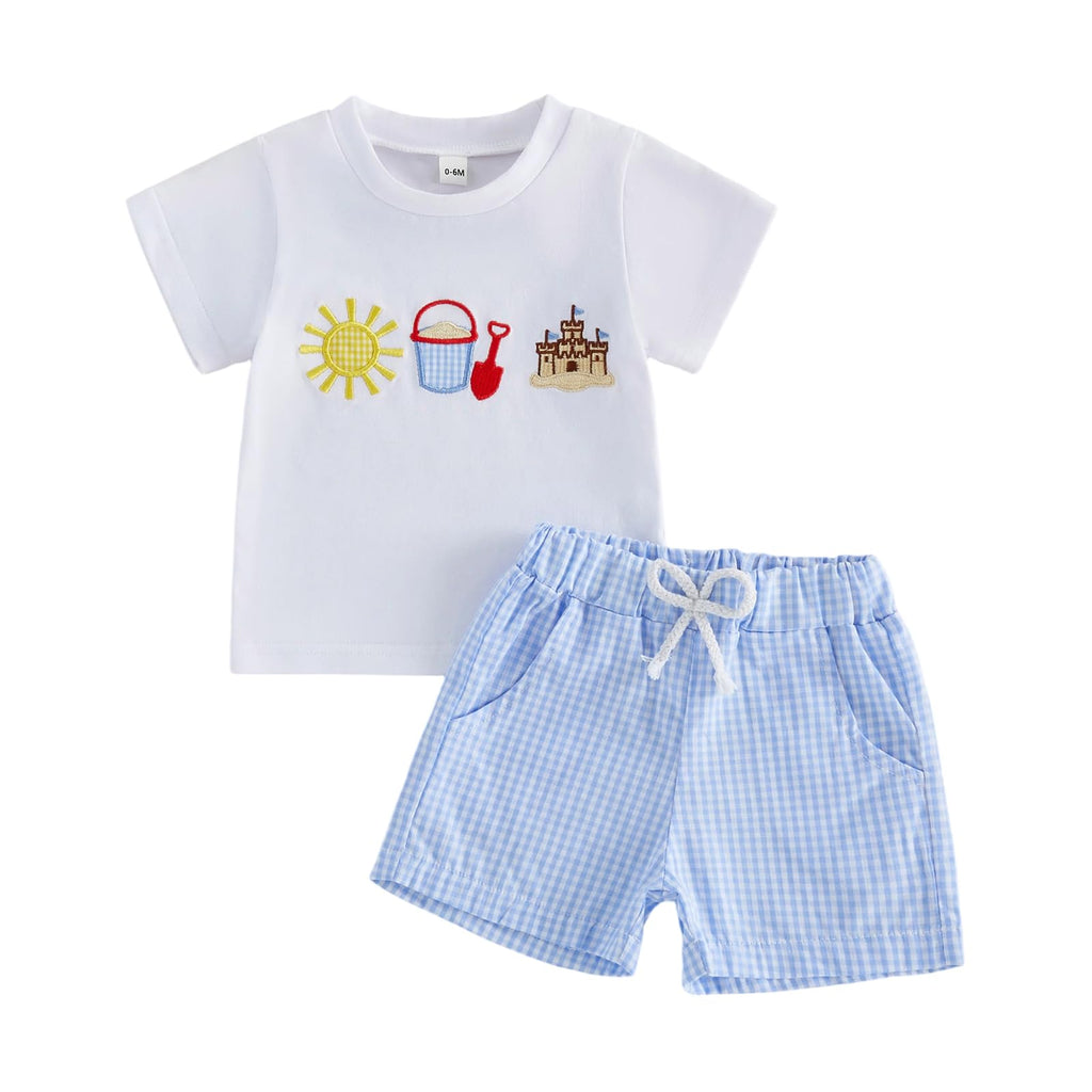 Bagilaanoe Toddler Baby Boy Short Sleeve T-Shirt+ Plaid Shorts Set Castle Embroidery Outfit Beach Clothes 2PCS Set