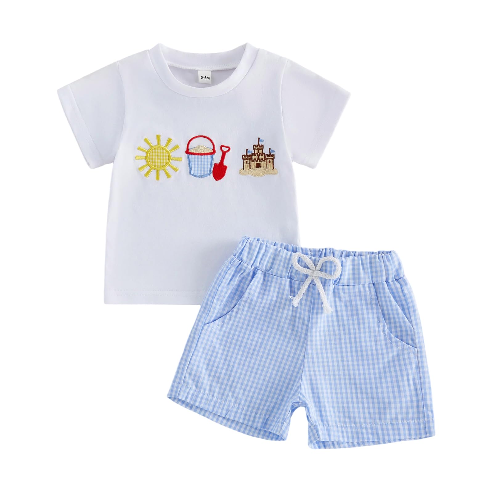 Bagilaanoe Toddler Baby Boy Short Sleeve T-Shirt+ Plaid Shorts Set Castle Embroidery Outfit Beach Clothes 2PCS Set