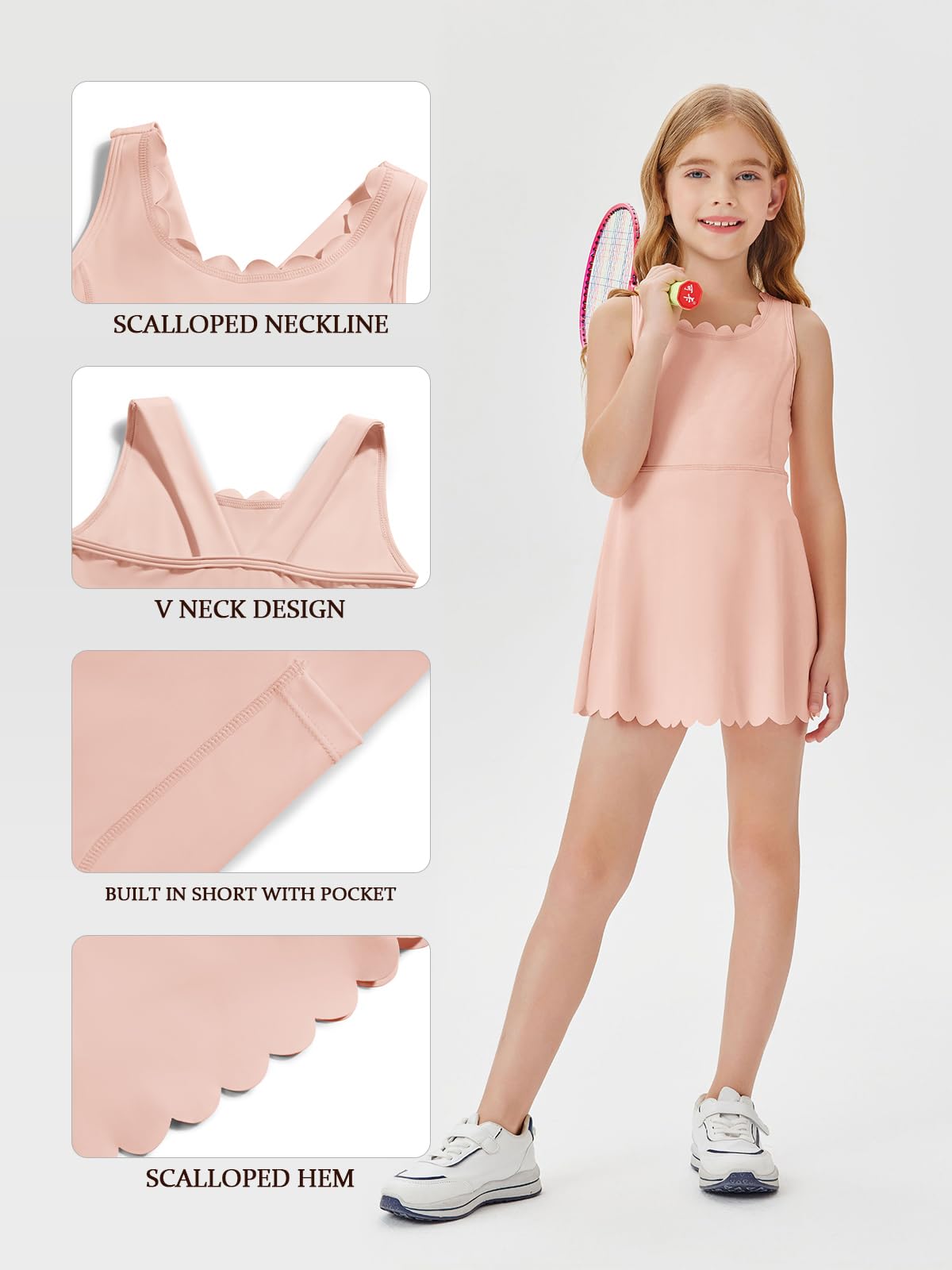 Batermoon Girls Athletic Tennis Dress with Shorts Kids Workout Exercise Golf Skirts Dresses with Pockets