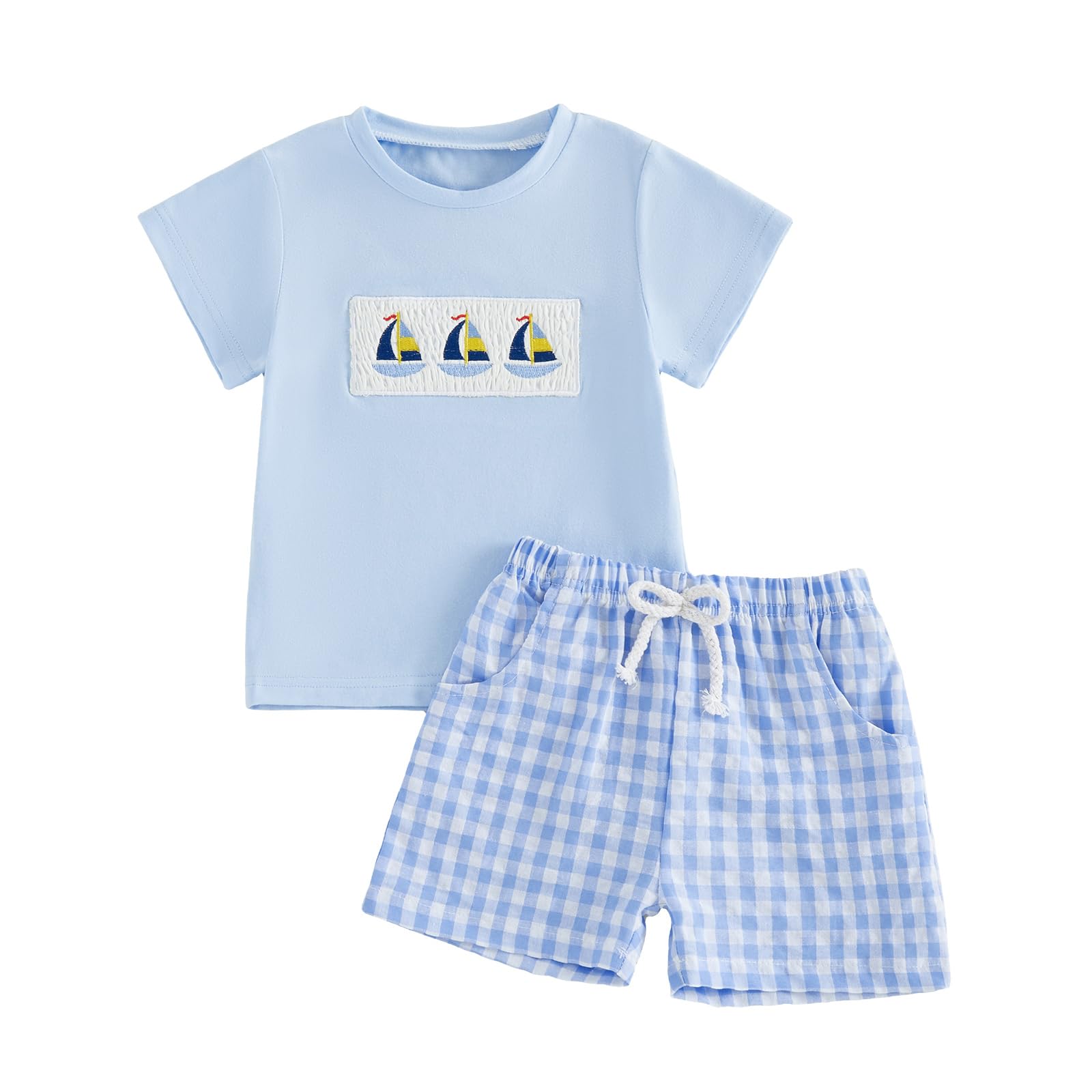 Bagilaanoe Toddler Baby Boy Short Sleeve T-Shirt+ Plaid Shorts Set Castle Embroidery Outfit Beach Clothes 2PCS Set