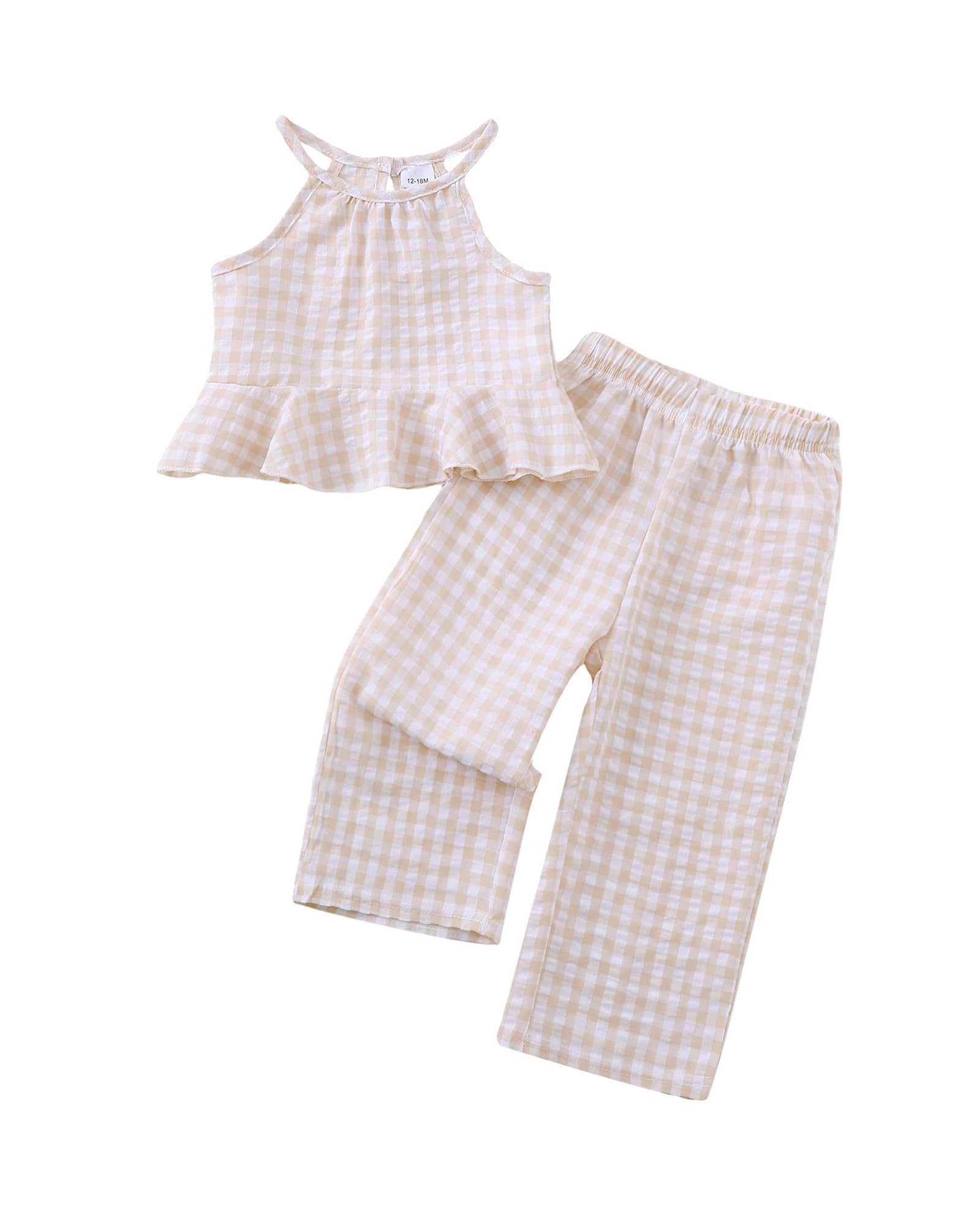 Kucnuzki Baby Girl Clothes Toddler Girl Summer Outfits Sleeveless Ruffle Halter Tops Wide Leg Pants Kids Clothing Set