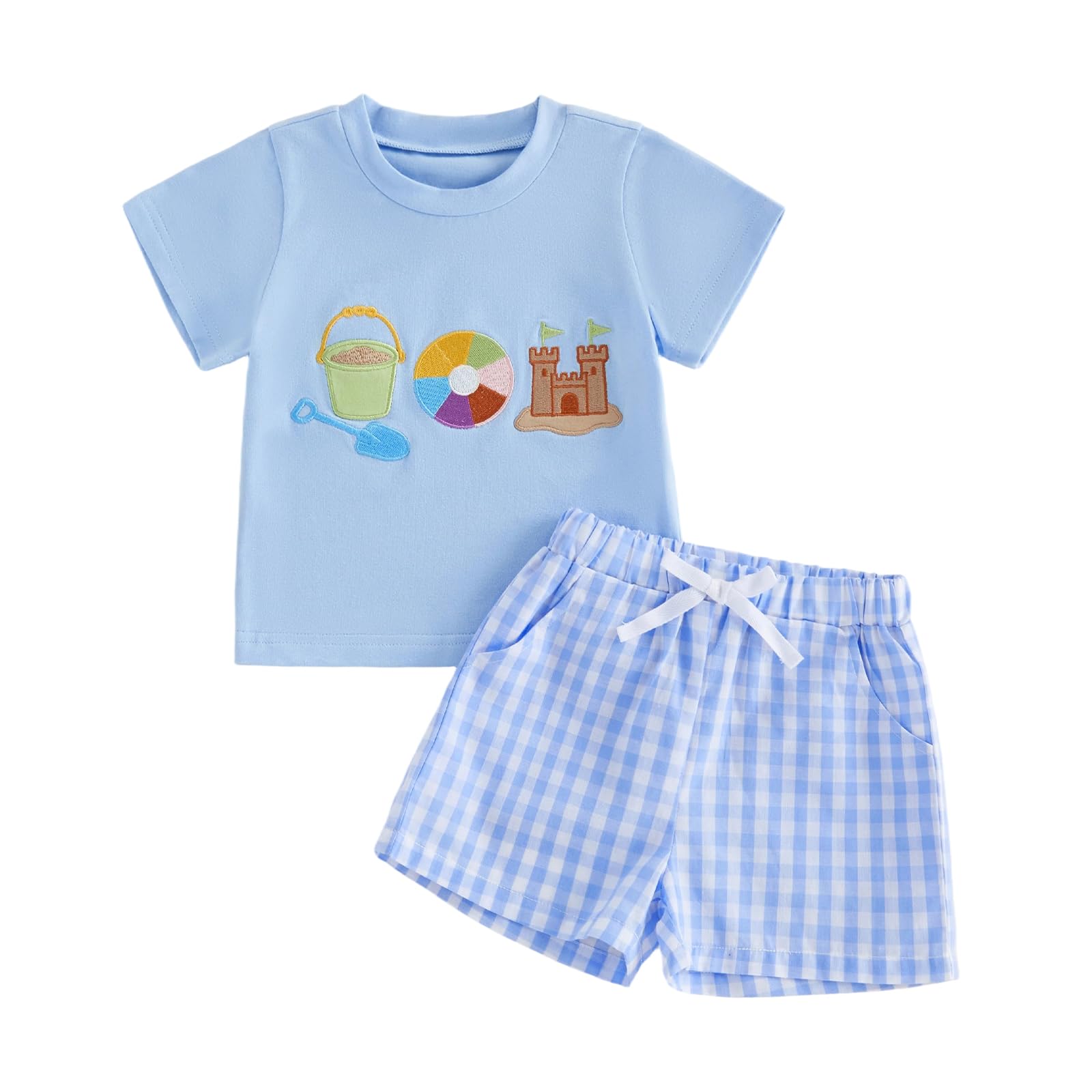 Bagilaanoe Toddler Baby Boy Short Sleeve T-Shirt+ Plaid Shorts Set Castle Embroidery Outfit Beach Clothes 2PCS Set