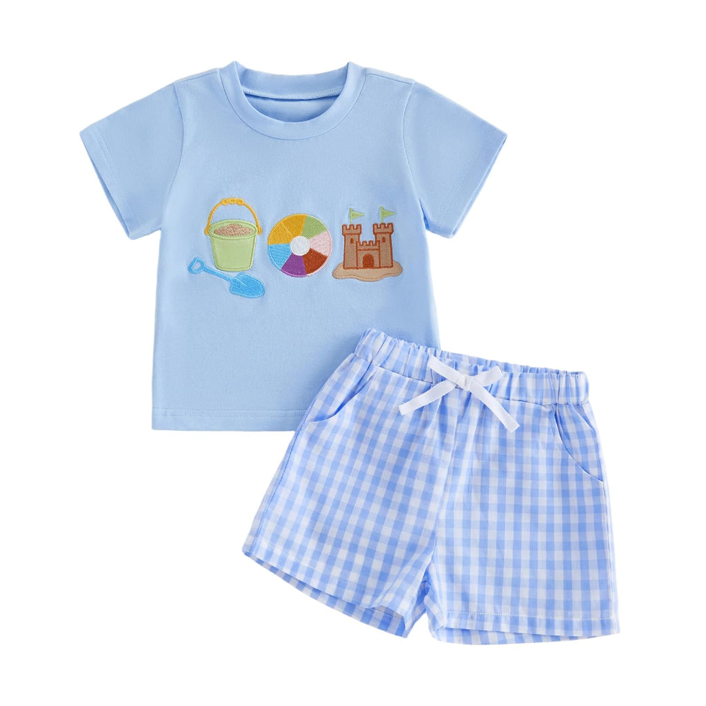 Bagilaanoe Toddler Baby Boy Short Sleeve T-Shirt+ Plaid Shorts Set Castle Embroidery Outfit Beach Clothes 2PCS Set