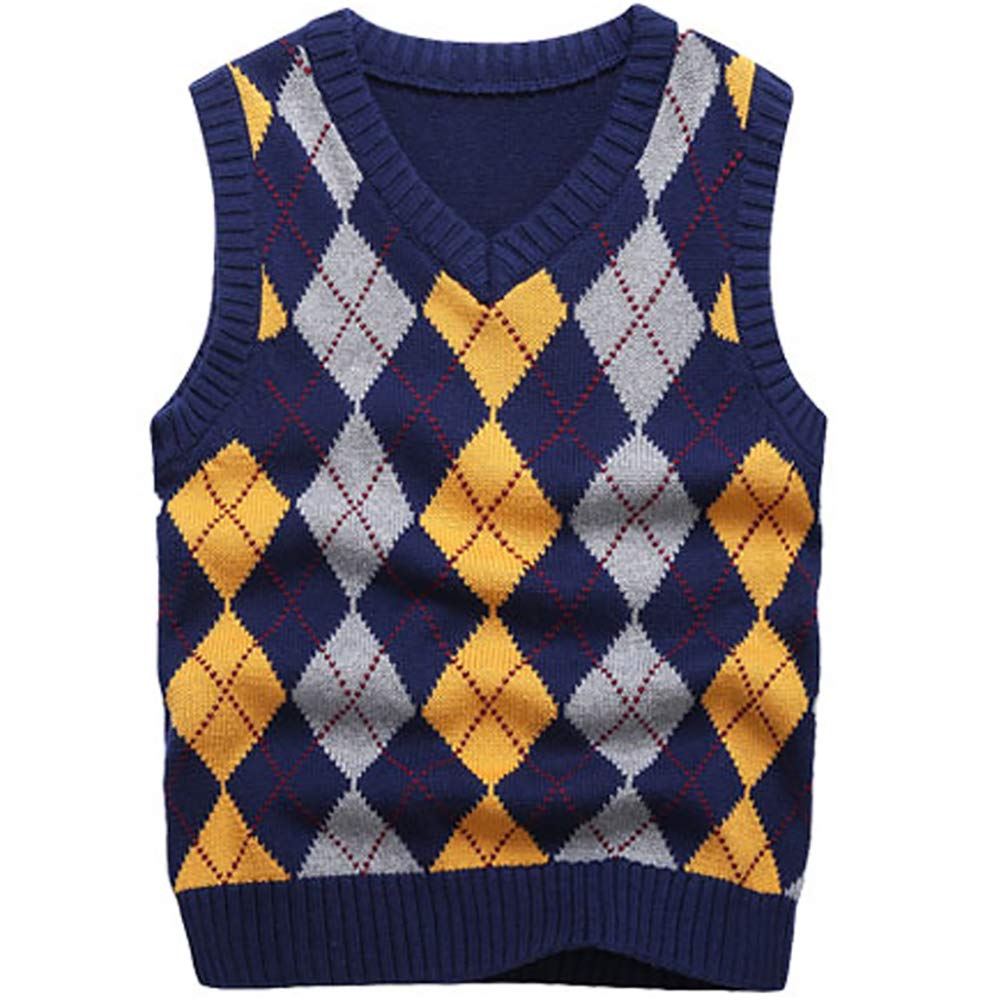 Boys Sweater Vest V Neck Argyle Sleeveless Uniform Knit Plaid Kids Clothes