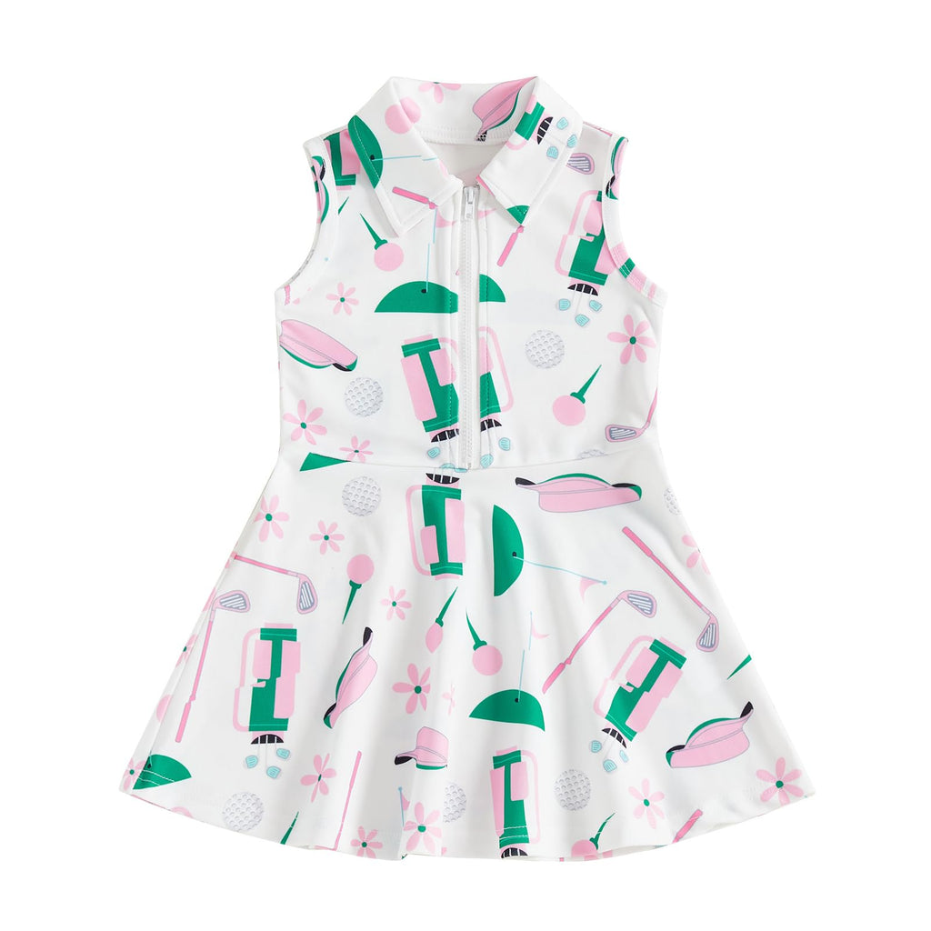 Toddler Baby Girl Dress Kids Polo Tank Dresses Golf Cart Outfit Zipper Ruffle Sleeveless A-line Dress Summer Clothes