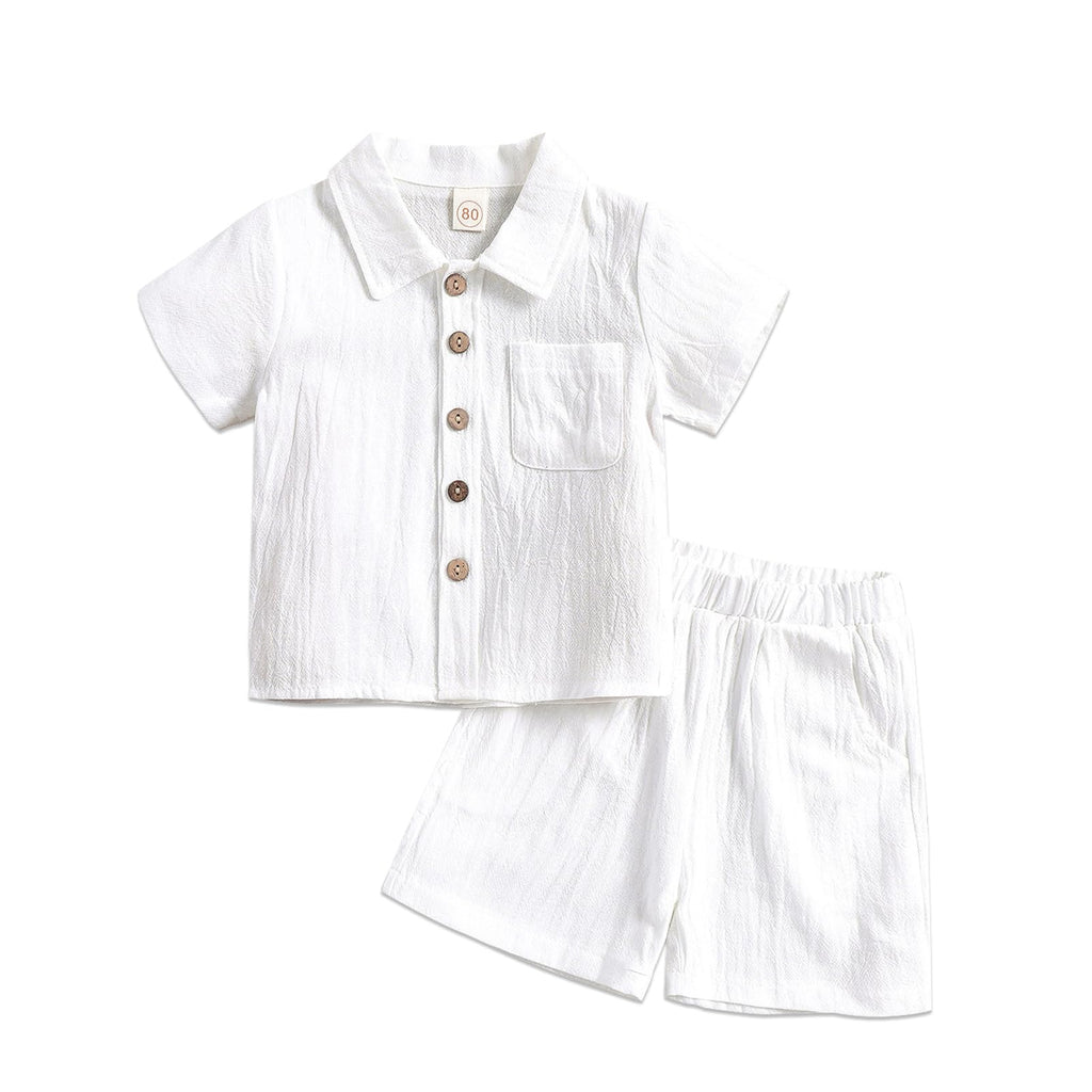 Toddler Boys Girls 2Pcs Linen Clothes Set Button Down Short Sleeve Polo Shirt+Elastic Gauze Shorts Summer Outfit