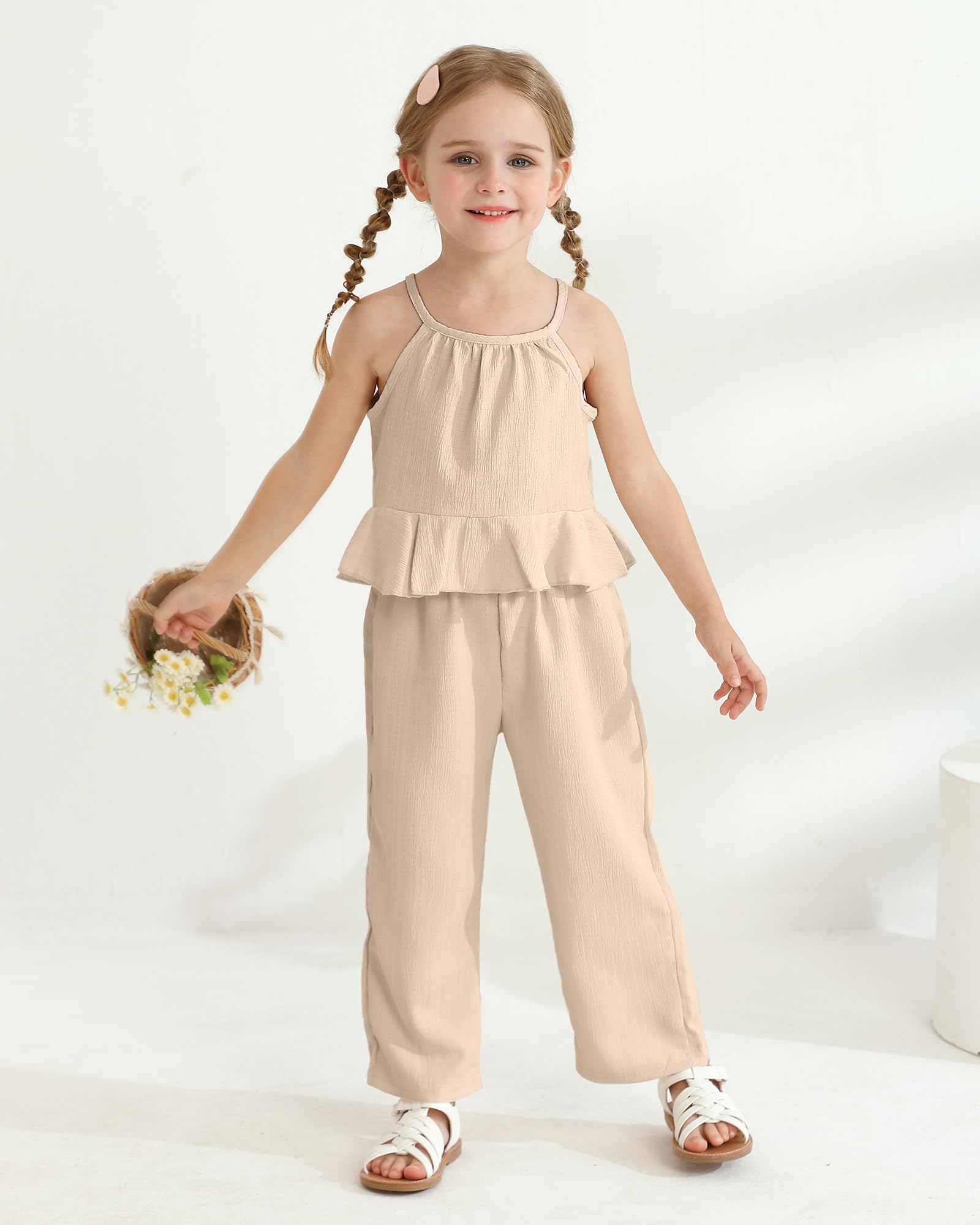 Kucnuzki Baby Girl Clothes Toddler Girl Summer Outfits Sleeveless Ruffle Halter Tops Wide Leg Pants Kids Clothing Set