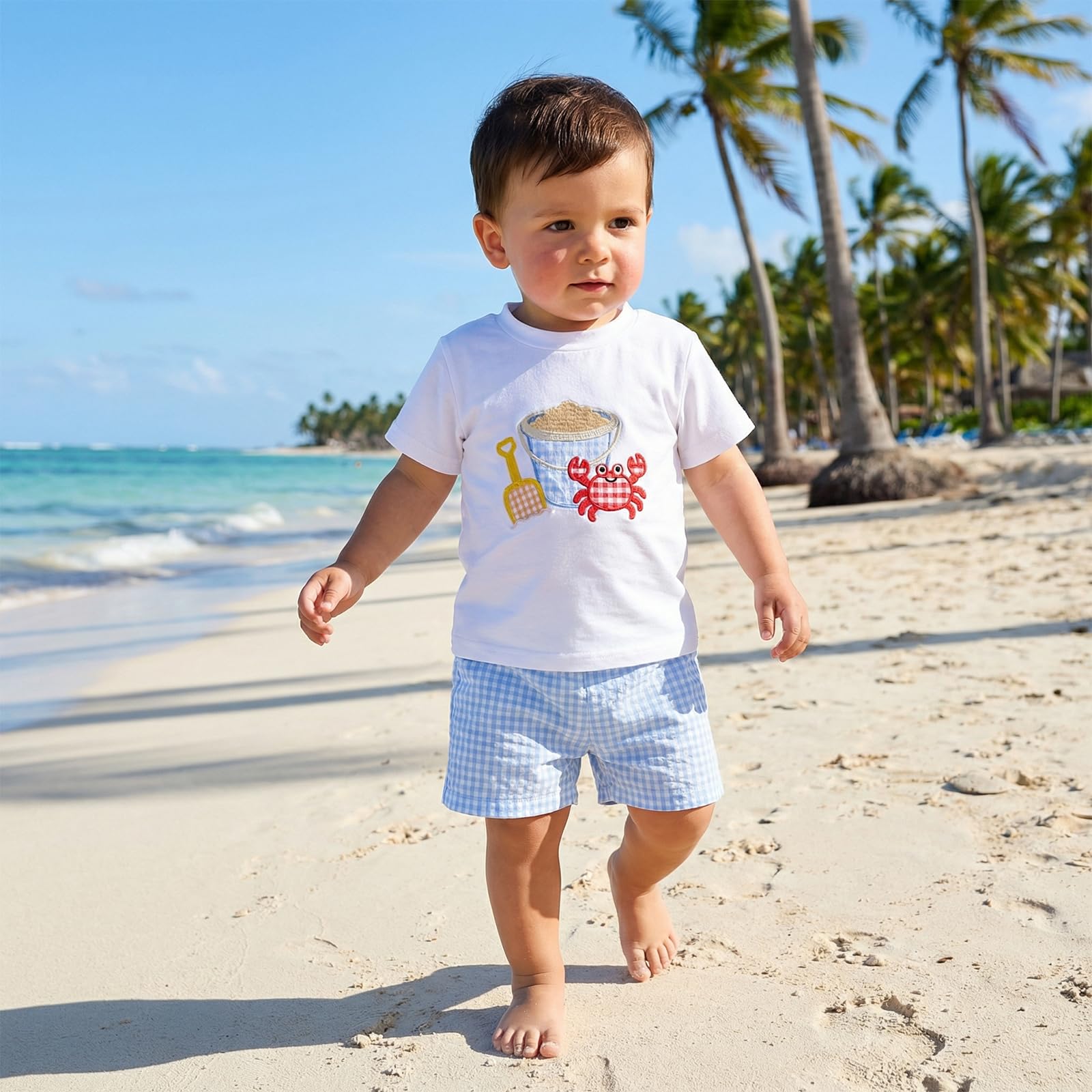 Bagilaanoe Toddler Baby Boy Short Sleeve T-Shirt+ Plaid Shorts Set Castle Embroidery Outfit Beach Clothes 2PCS Set