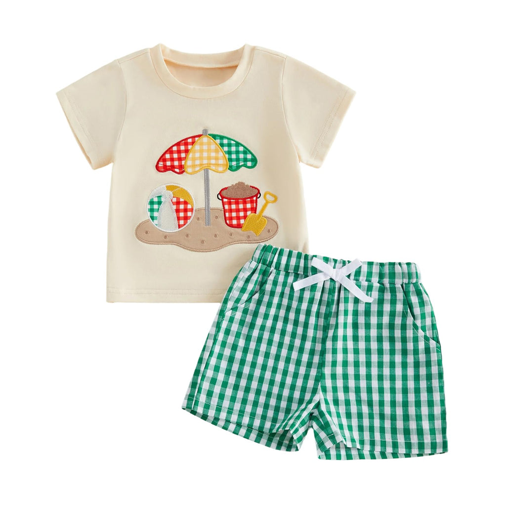 Bagilaanoe Toddler Baby Boy Short Sleeve T-Shirt+ Plaid Shorts Set Castle Embroidery Outfit Beach Clothes 2PCS Set