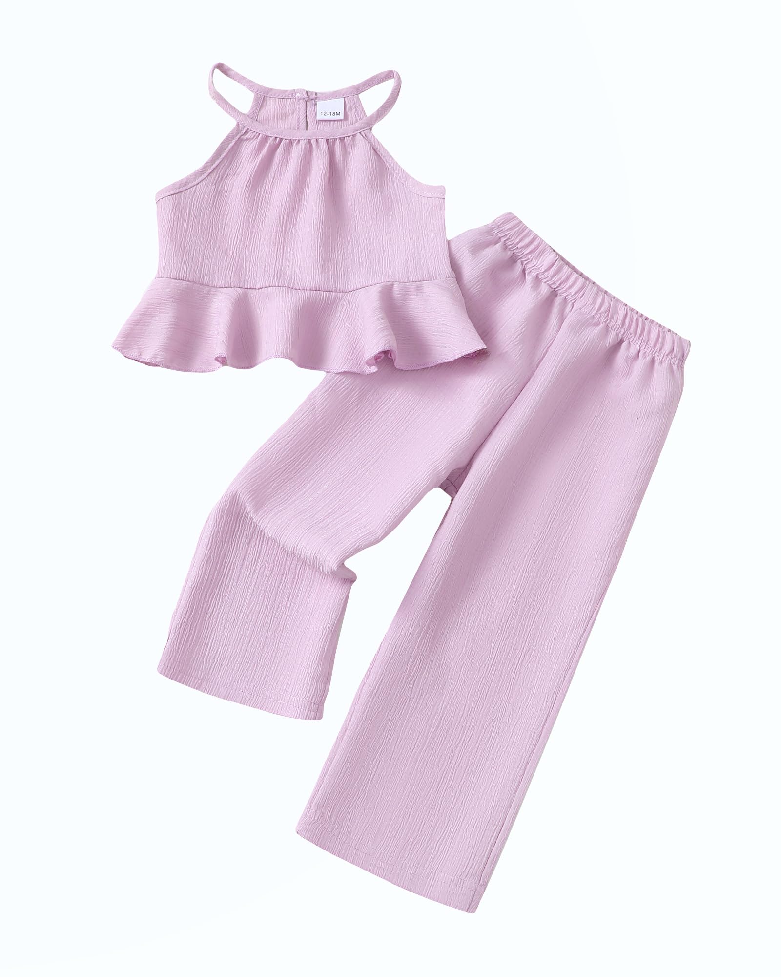Kucnuzki Baby Girl Clothes Toddler Girl Summer Outfits Sleeveless Ruffle Halter Tops Wide Leg Pants Kids Clothing Set