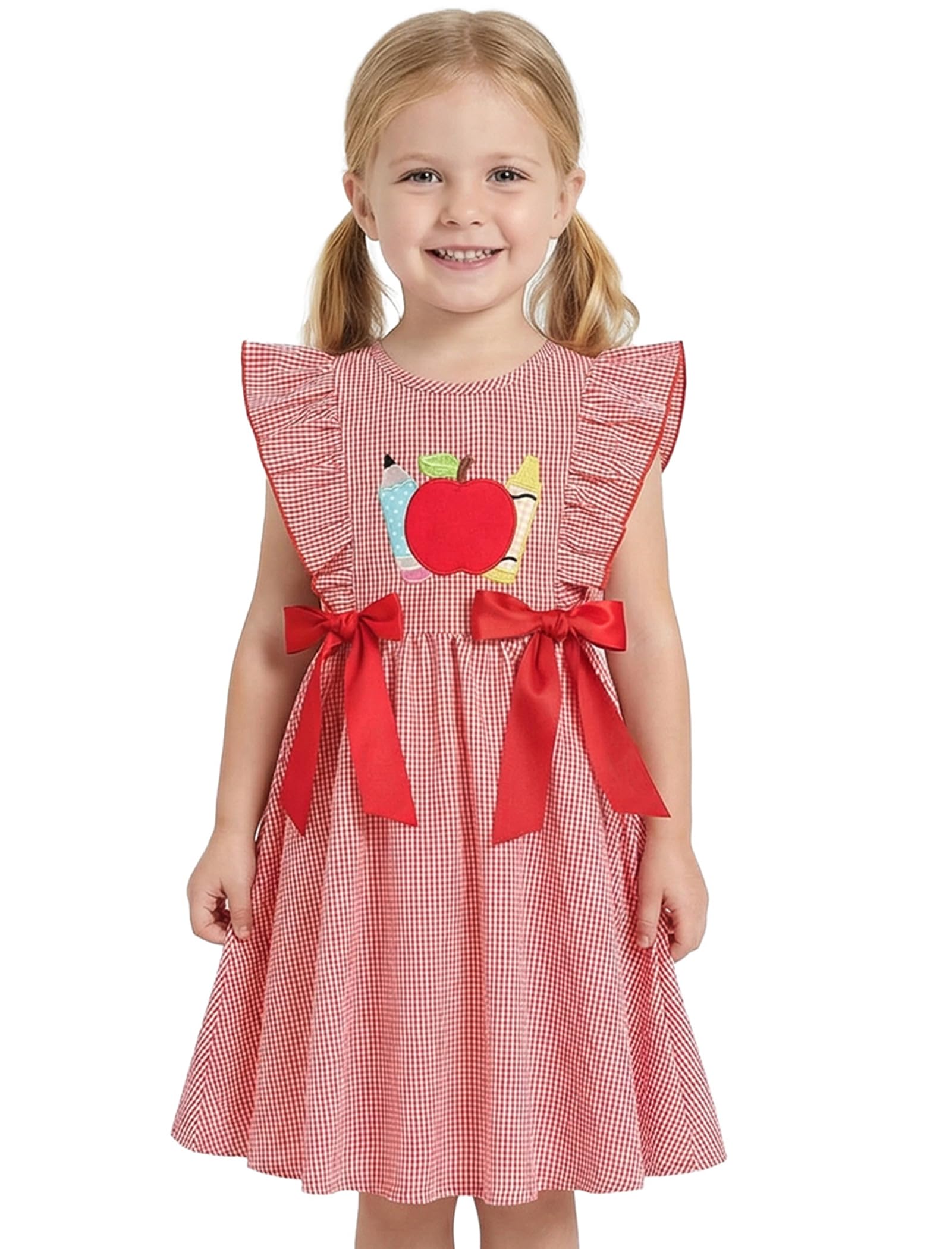 IMEKIS Toddler Kids Girls Back to School Dress, Ruffle Sleeve Embroidered Apple Pencil Kindergarten Outfit 3-8T