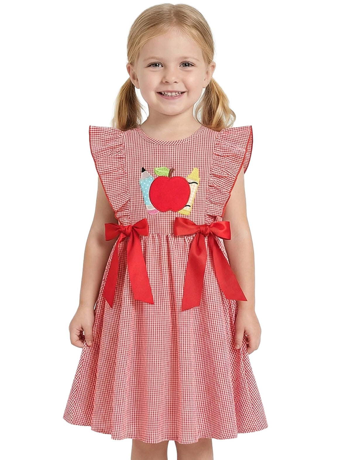 IMEKIS Toddler Kids Girls Back to School Dress, Ruffle Sleeve Embroidered Apple Pencil Kindergarten Outfit 3-8T