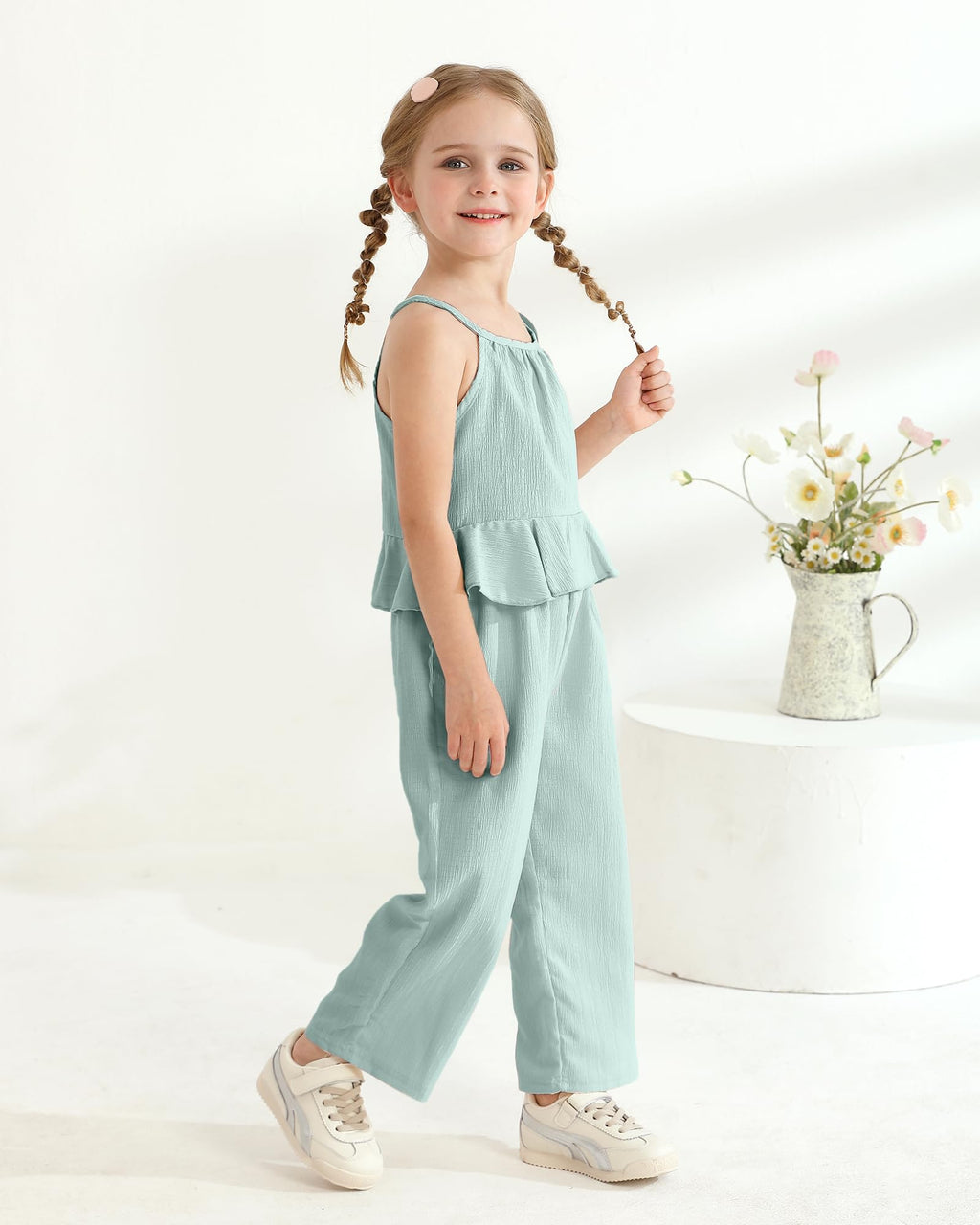 Kucnuzki Baby Girl Clothes Toddler Girl Summer Outfits Sleeveless Ruffle Halter Tops Wide Leg Pants Kids Clothing Set