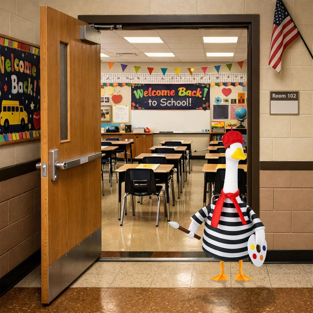 Back to School Porch Goose Outfit Artist Goose Costume for Outdoor Decor | Fits 23'' Plastic/Cement Statues, with Beret Hat Red Scarf Black White Striped Goose Clothes for Lawn Patio Yard Decor