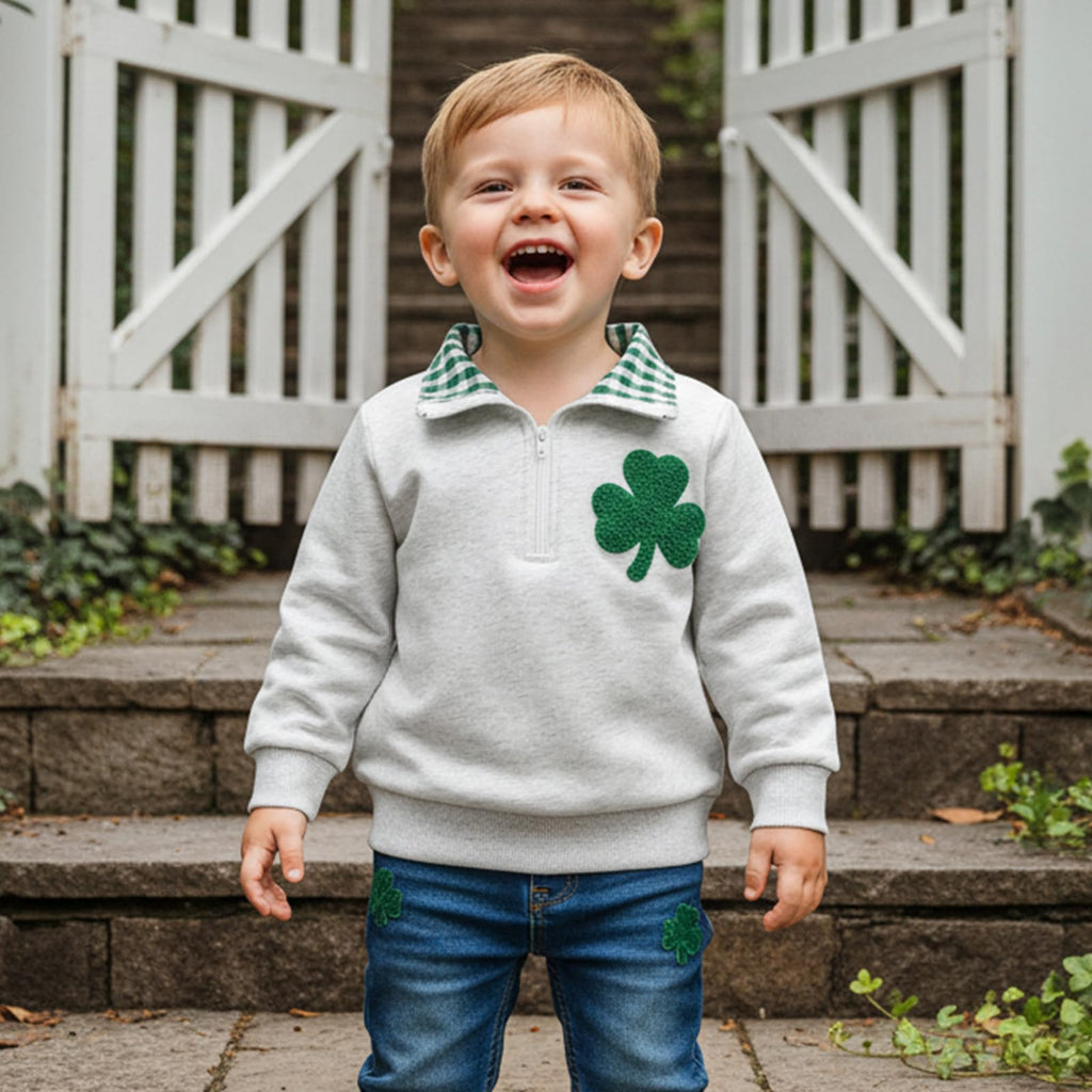 Toddler Boy Girl Christmas Outfit Quarter Zip Sweatshirt with Plaid Collar Shirt Pullover Top