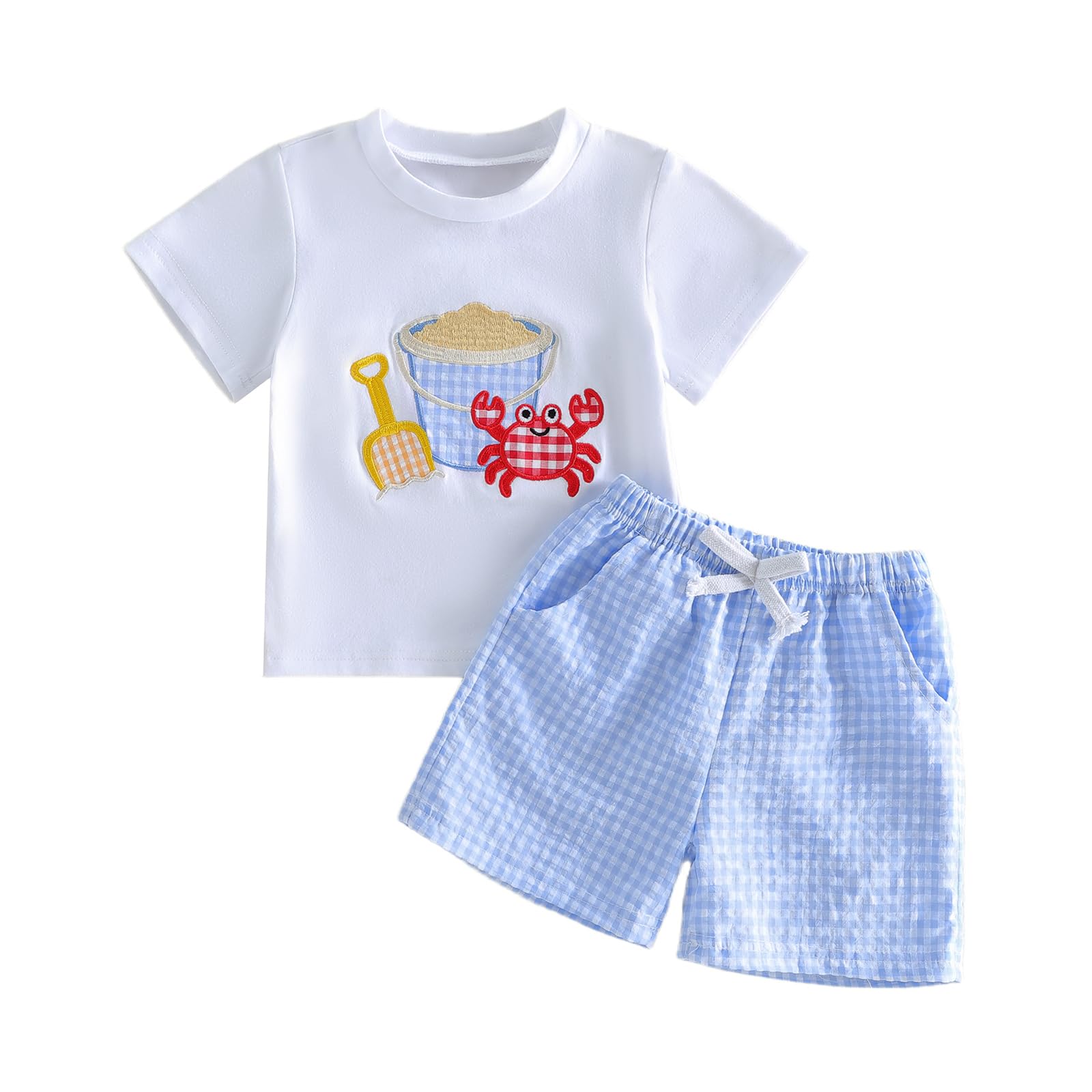 Bagilaanoe Toddler Baby Boy Short Sleeve T-Shirt+ Plaid Shorts Set Castle Embroidery Outfit Beach Clothes 2PCS Set