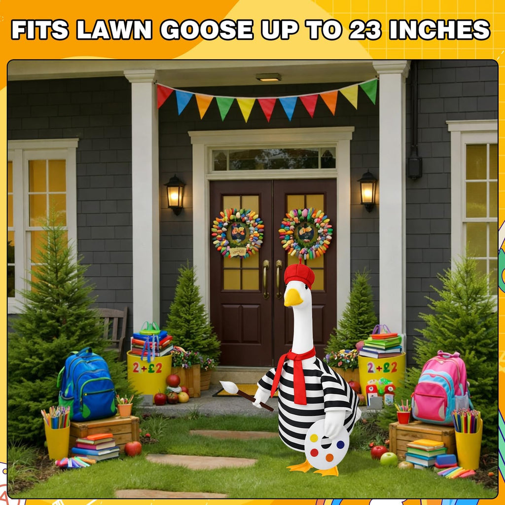 Back to School Porch Goose Outfit Artist Goose Costume for Outdoor Decor | Fits 23'' Plastic/Cement Statues, with Beret Hat Red Scarf Black White Striped Goose Clothes for Lawn Patio Yard Decor