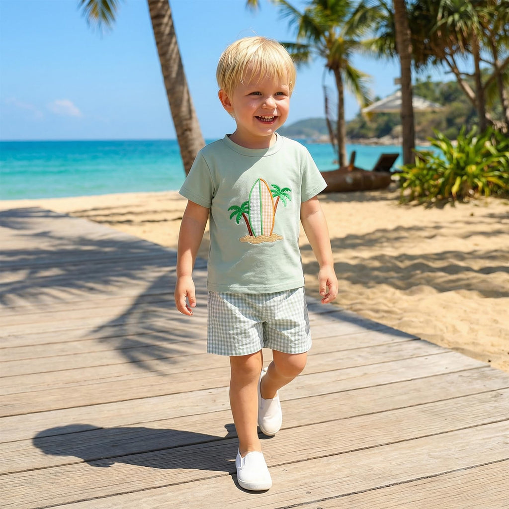 Bagilaanoe Toddler Baby Boy Short Sleeve T-Shirt+ Plaid Shorts Set Castle Embroidery Outfit Beach Clothes 2PCS Set