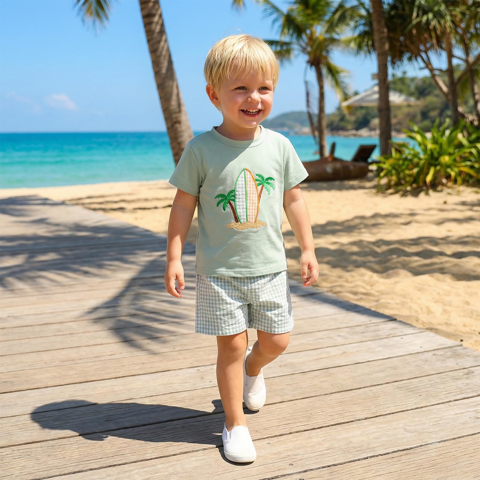 Bagilaanoe Toddler Baby Boy Short Sleeve T-Shirt+ Plaid Shorts Set Castle Embroidery Outfit Beach Clothes 2PCS Set
