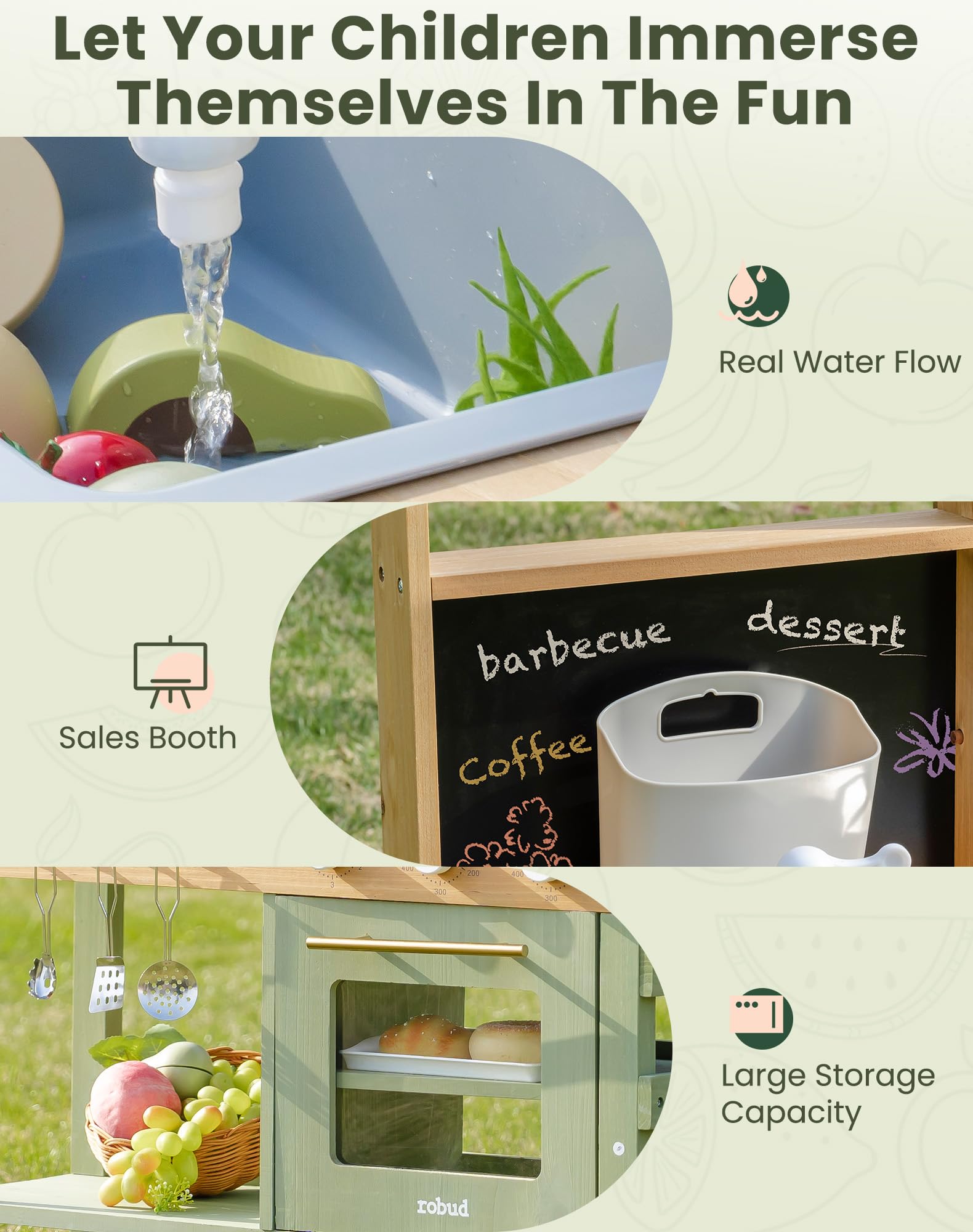 ROBUD Mud Kitchen for Kids Outdoor, BBQ Grill Solid Wood Outdoor Play Kitchen, Green Kids Mud Kitchen with Working Water Tap, Blackboard, Garden Sink, Monteeori Toys for Children Ages 3+, WH003-2