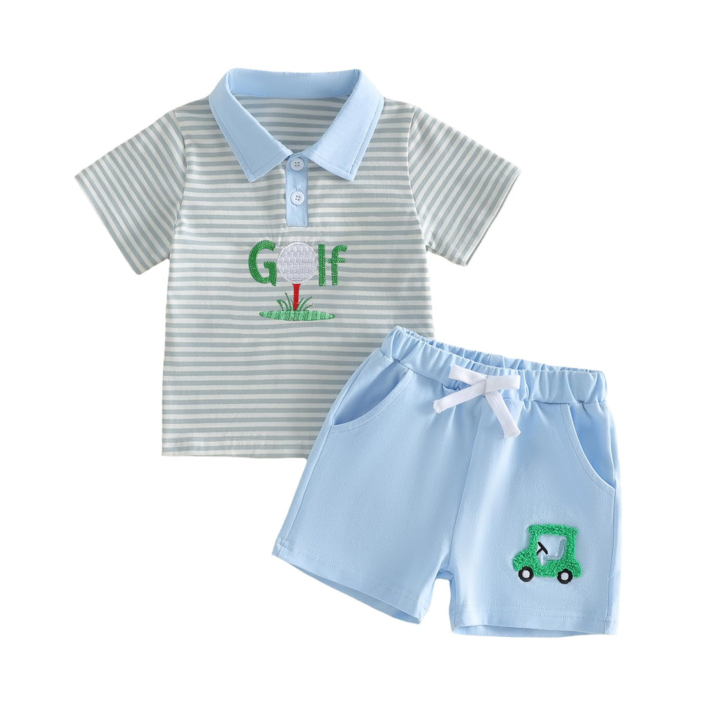 Chloefairy Toddler Baby Boy Golf Outfit Short Sleeve Golf Cart Polo T Shirts Top Shorts Set 2Pcs Golf Theme Summer Clothes