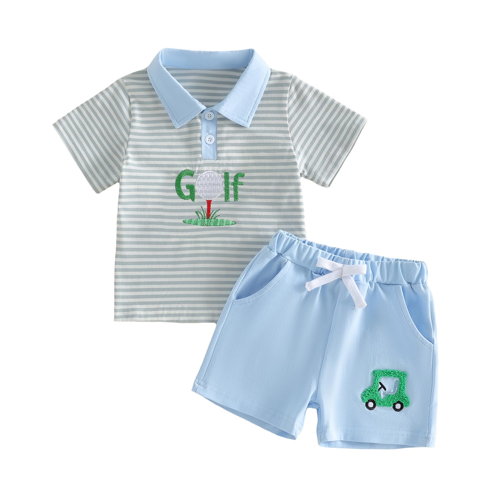 Chloefairy Toddler Baby Boy Golf Outfit Short Sleeve Golf Cart Polo T Shirts Top Shorts Set 2Pcs Golf Theme Summer Clothes