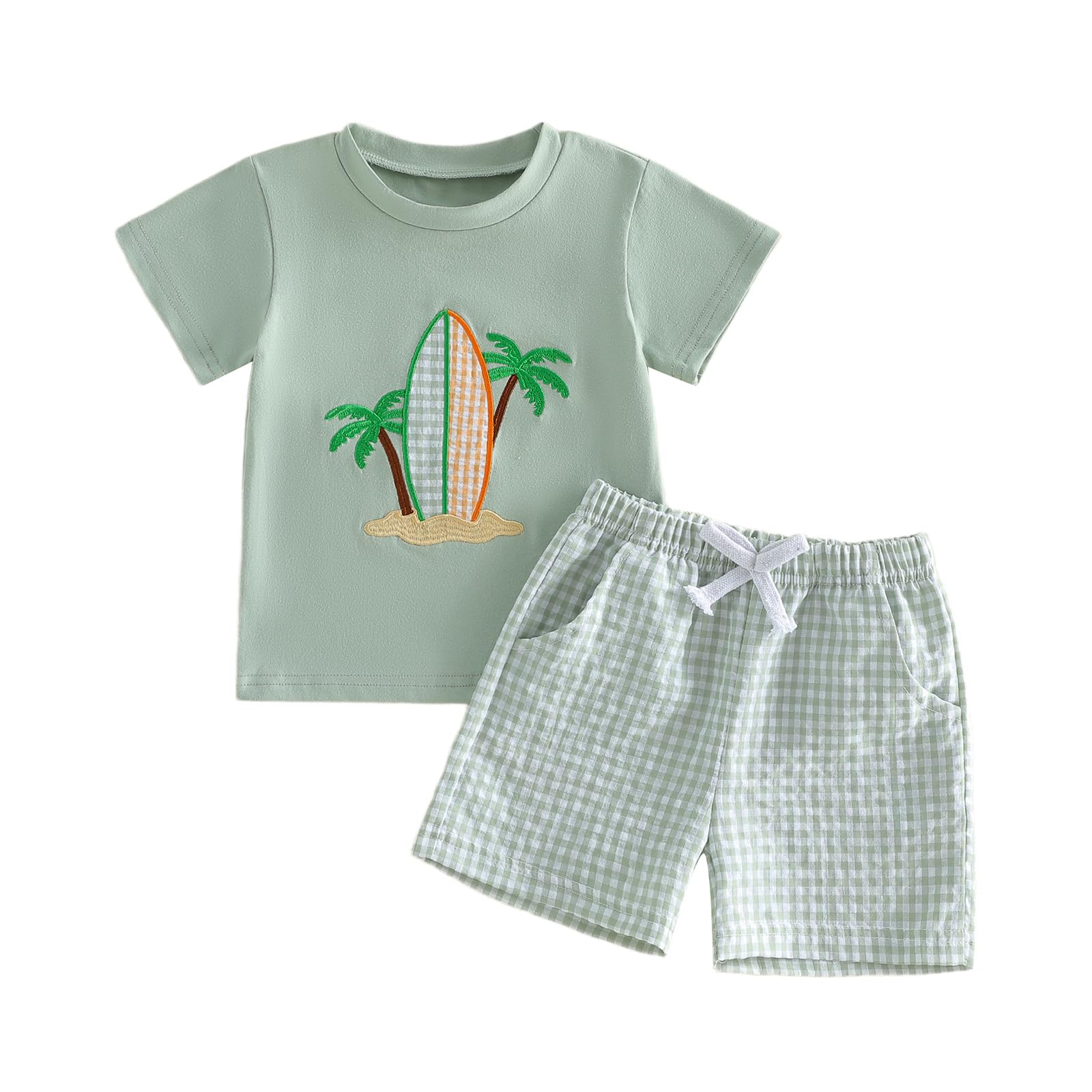 Bagilaanoe Toddler Baby Boy Short Sleeve T-Shirt+ Plaid Shorts Set Castle Embroidery Outfit Beach Clothes 2PCS Set
