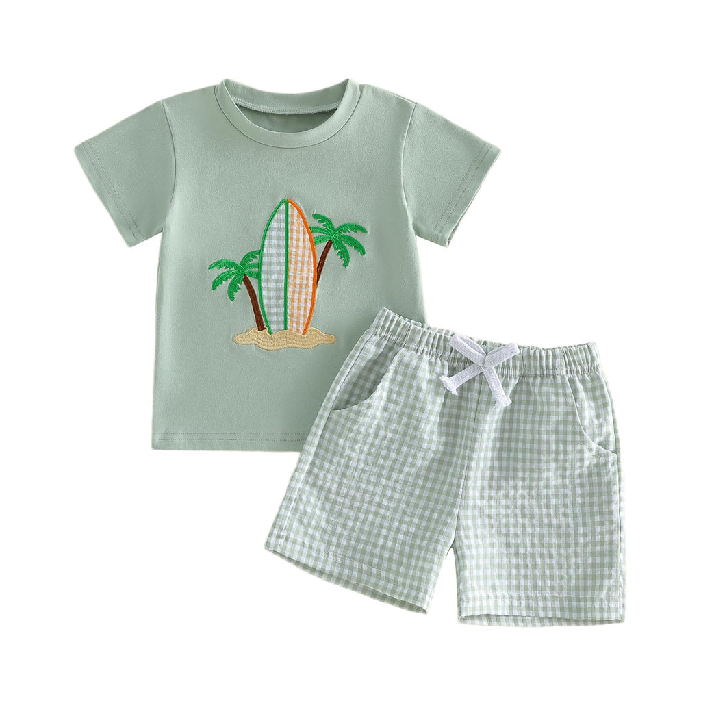 Bagilaanoe Toddler Baby Boy Short Sleeve T-Shirt+ Plaid Shorts Set Castle Embroidery Outfit Beach Clothes 2PCS Set