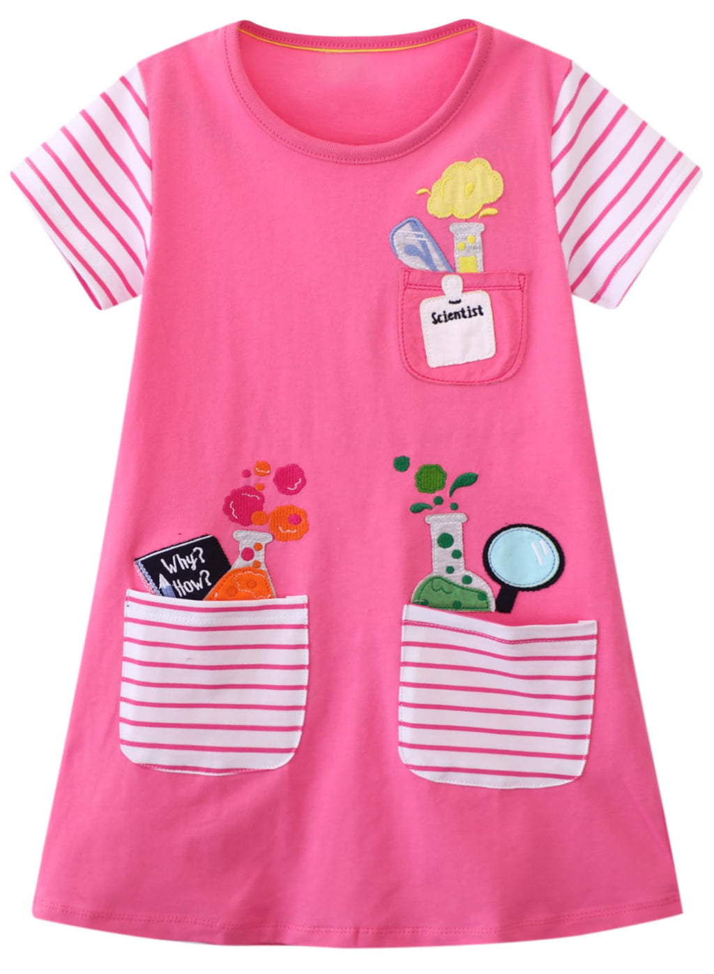 FreeLu Toddler Girls Striped Summer Dress Cartoon Appliques Dresses Girls Cotton Casual Clothing 2-7Y