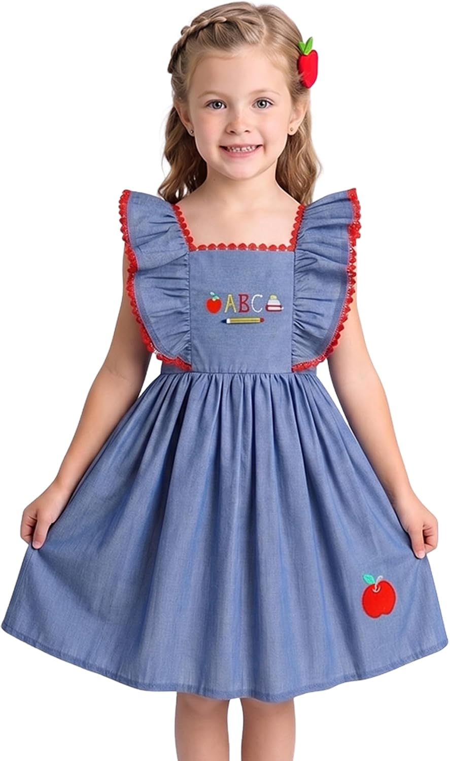 IMEKIS Toddler Kids Girls Back to School Dress Embroidered Apple Pencil Ruffle Sleeve Clothes 3-8T