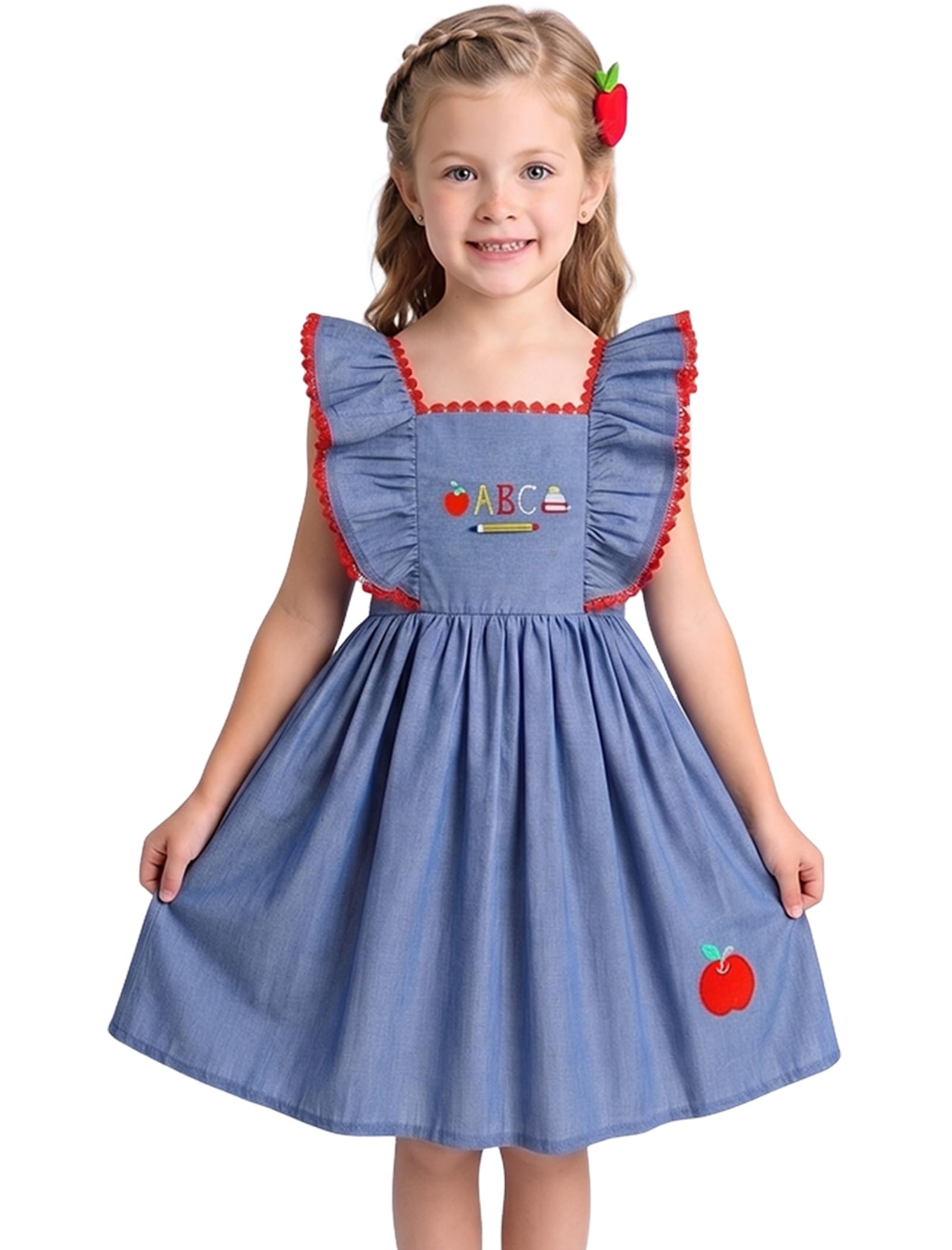 IMEKIS Toddler Kids Girls Back to School Dress Embroidered Apple Pencil Ruffle Sleeve Clothes 3-8T