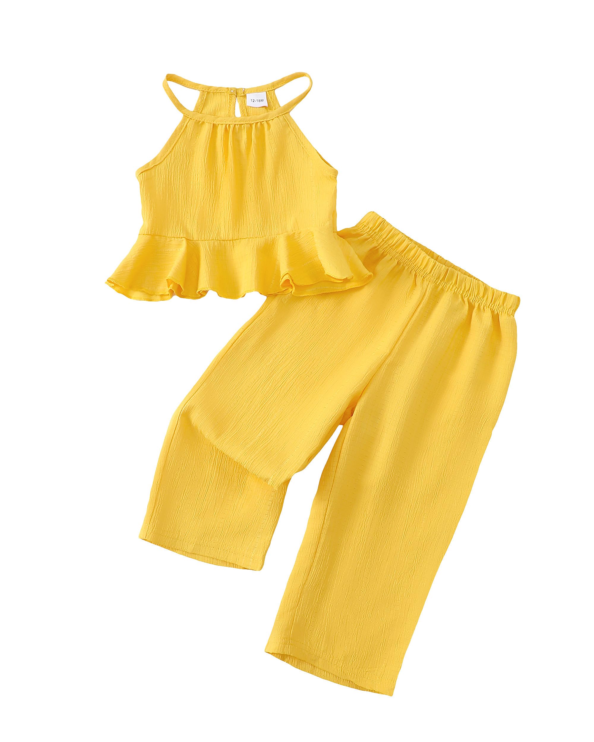 Kucnuzki Baby Girl Clothes Toddler Girl Summer Outfits Sleeveless Ruffle Halter Tops Wide Leg Pants Kids Clothing Set