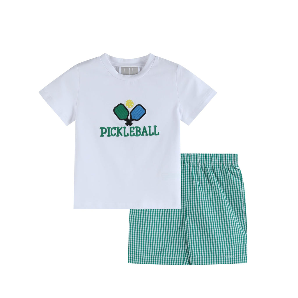 Lil cactus Boys and Toddlers Pickleball T-Shirt and Green Gingham Shorts Set