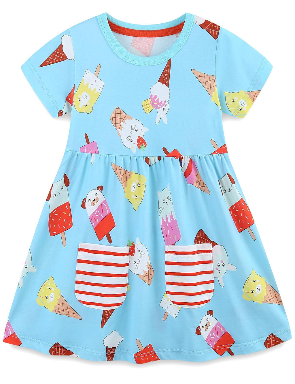 FreeLu Toddler Girls Striped Summer Dress Cartoon Appliques Dresses Girls Cotton Casual Clothing 2-7Y