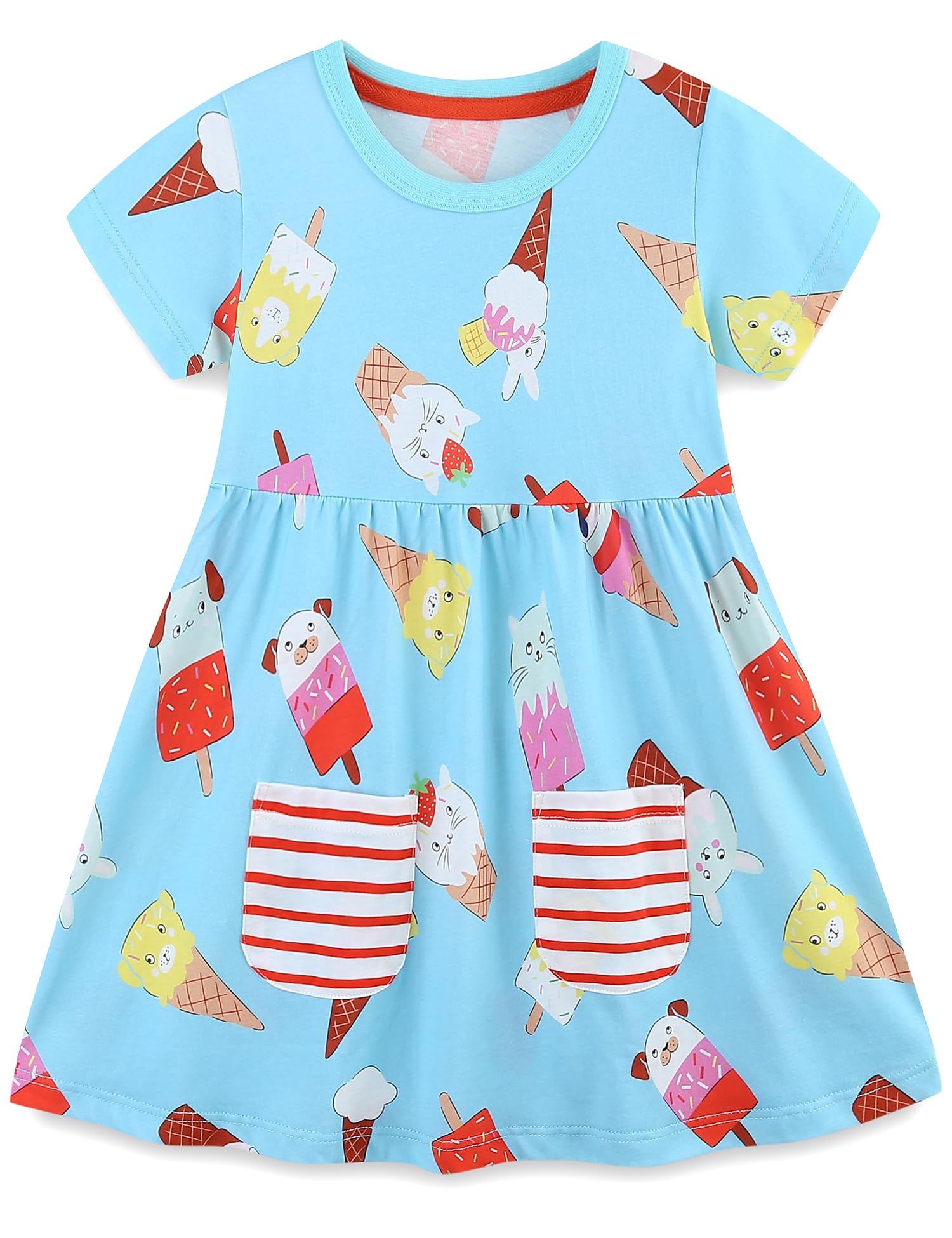 FreeLu Toddler Girls Striped Summer Dress Cartoon Appliques Dresses Girls Cotton Casual Clothing 2-7Y
