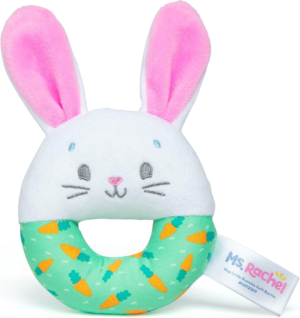 Ms. Rachel Official Hop Little Bunnies Soft Rattle, Baby Teething Toys with Plush Bunny Cover, Toddler Toys for Girls & Boys, Ages 3 Months to 1+