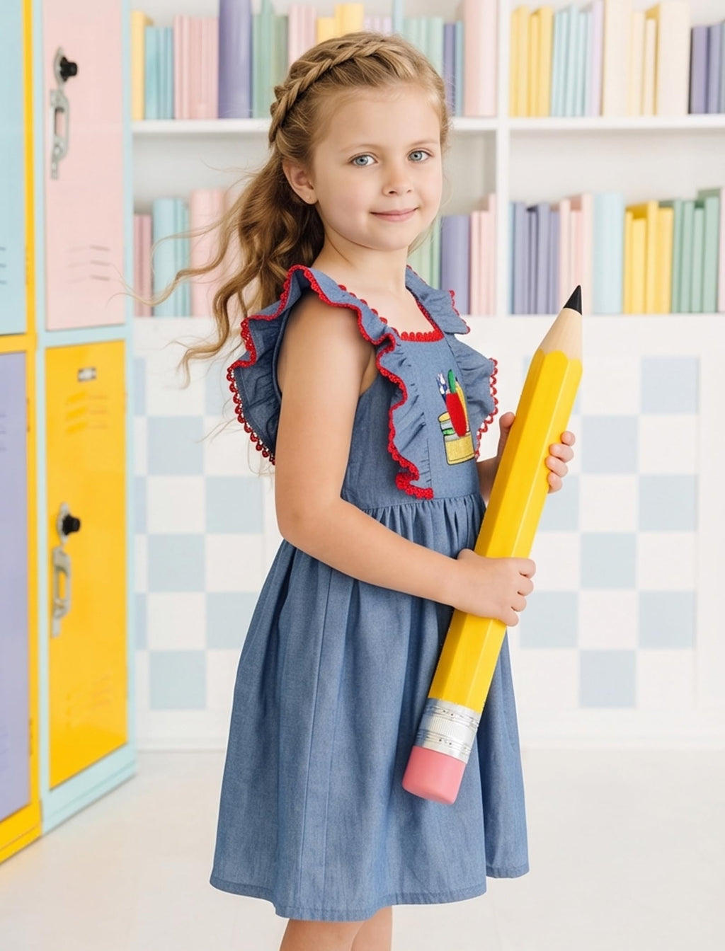 IMEKIS Toddler Kids Girls Back to School Dress Embroidered Apple Pencil Ruffle Sleeve Clothes 3-8T