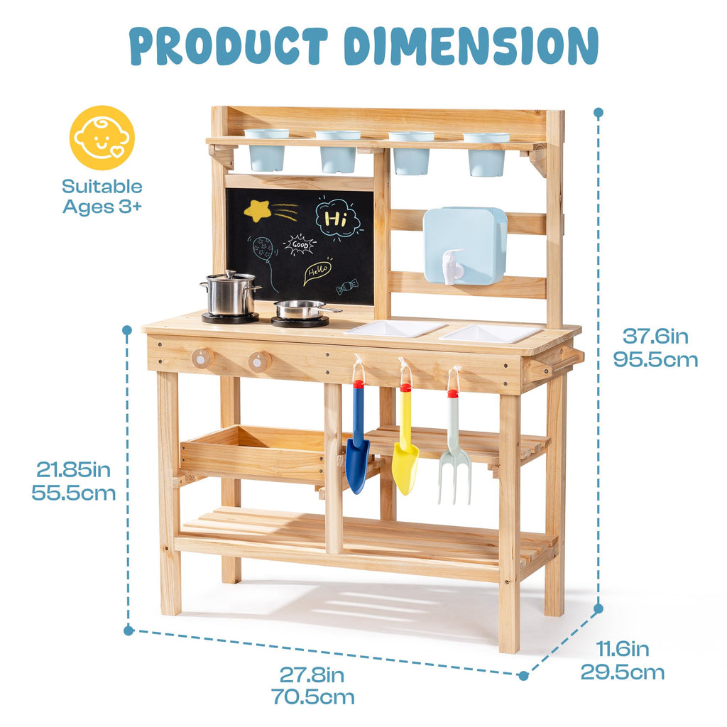 ROBUD Mud Kitchen for Kids Outdoor, BBQ Grill Solid Wood Outdoor Play Kitchen, Green Kids Mud Kitchen with Working Water Tap, Blackboard, Garden Sink, Monteeori Toys for Children Ages 3+, WH003-2