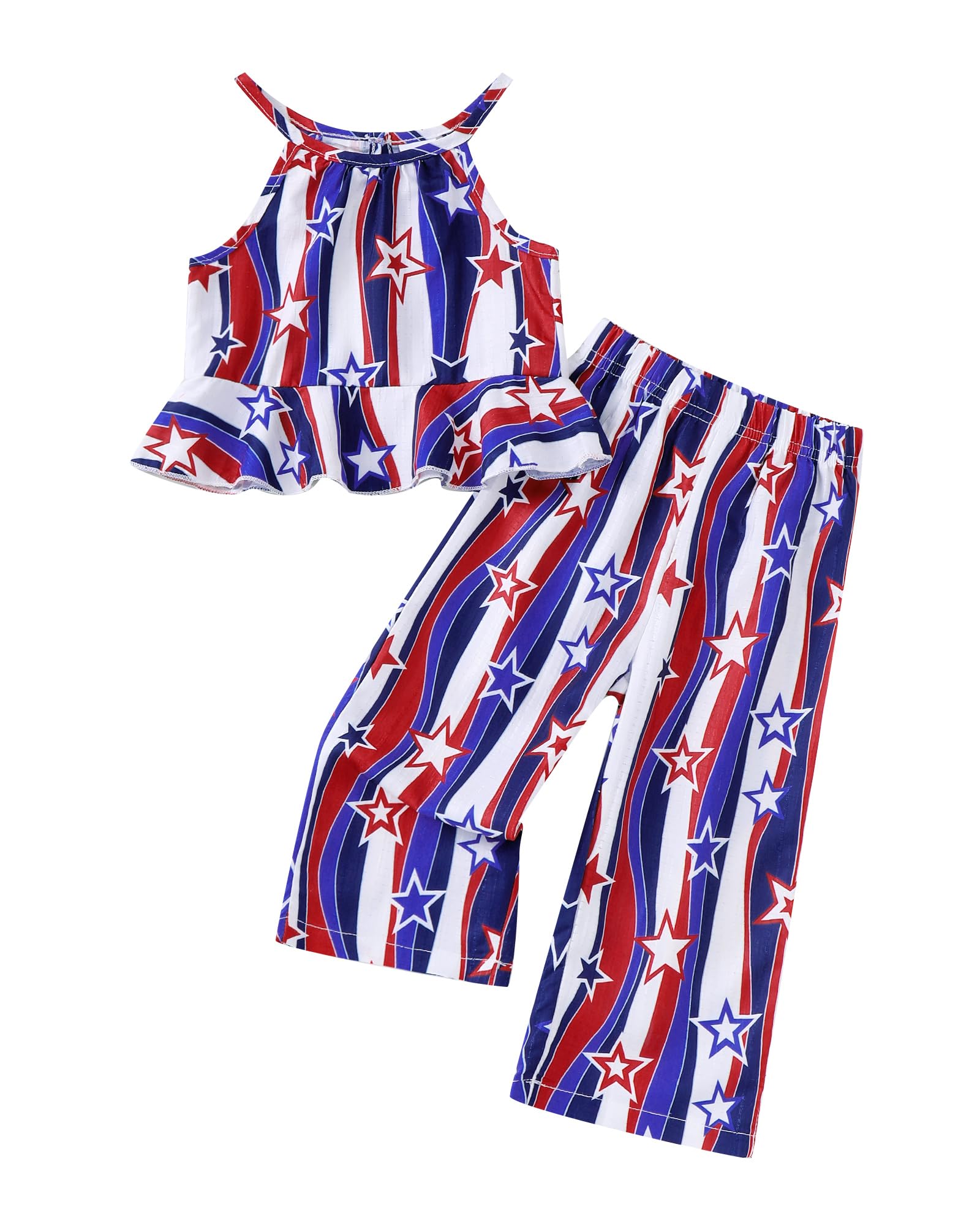 Kucnuzki Baby Girl Clothes Toddler Girl Summer Outfits Sleeveless Ruffle Halter Tops Wide Leg Pants Kids Clothing Set