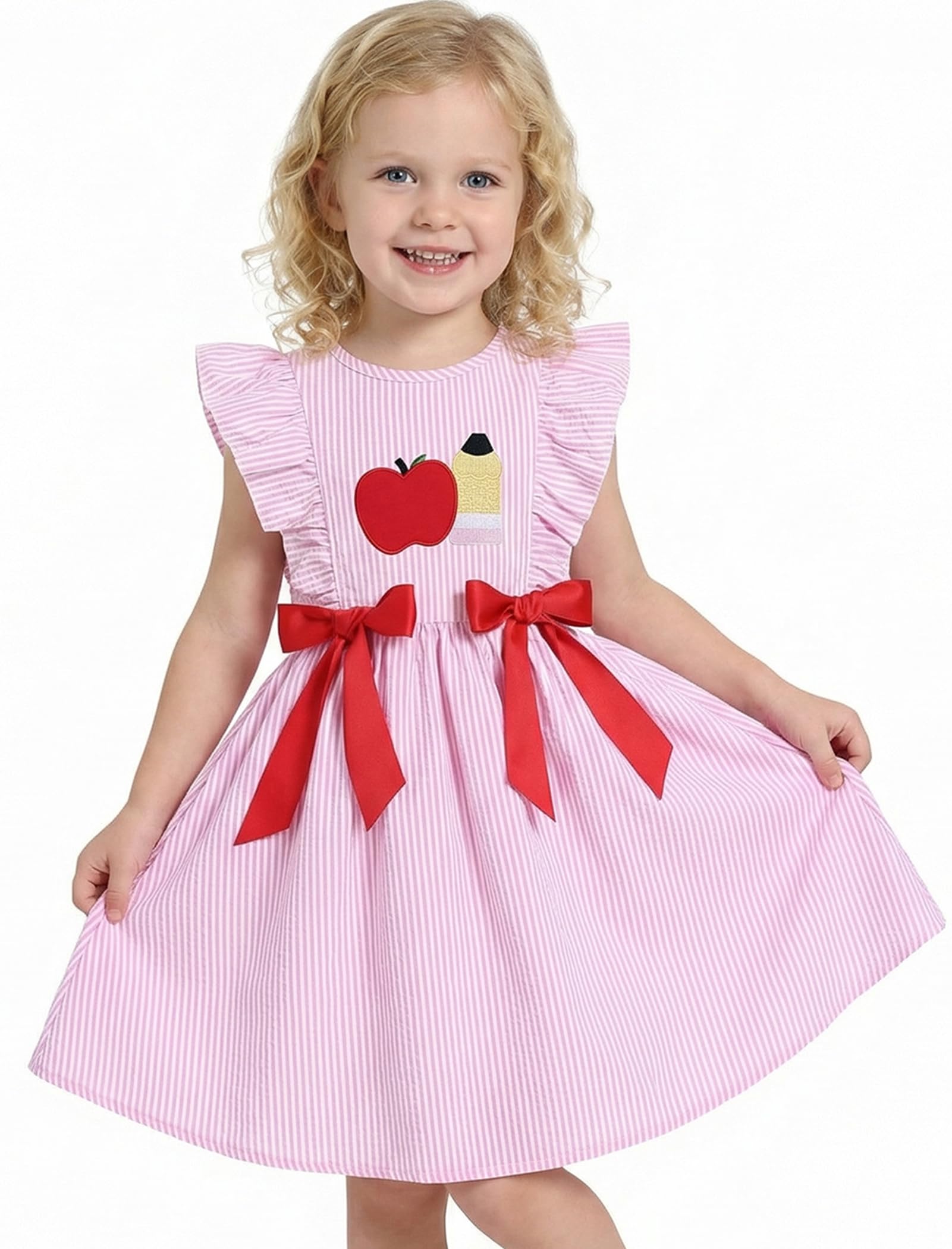 IMEKIS Toddler Kids Girls Back to School Dress, Ruffle Sleeve Embroidered Apple Pencil Kindergarten Outfit 3-8T