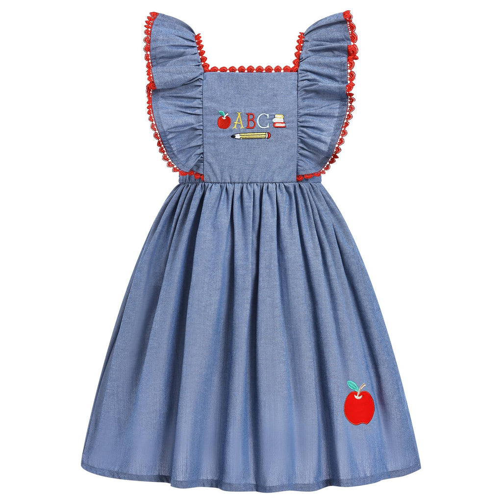 IMEKIS Toddler Kids Girls Back to School Dress Embroidered Apple Pencil Ruffle Sleeve Clothes 3-8T