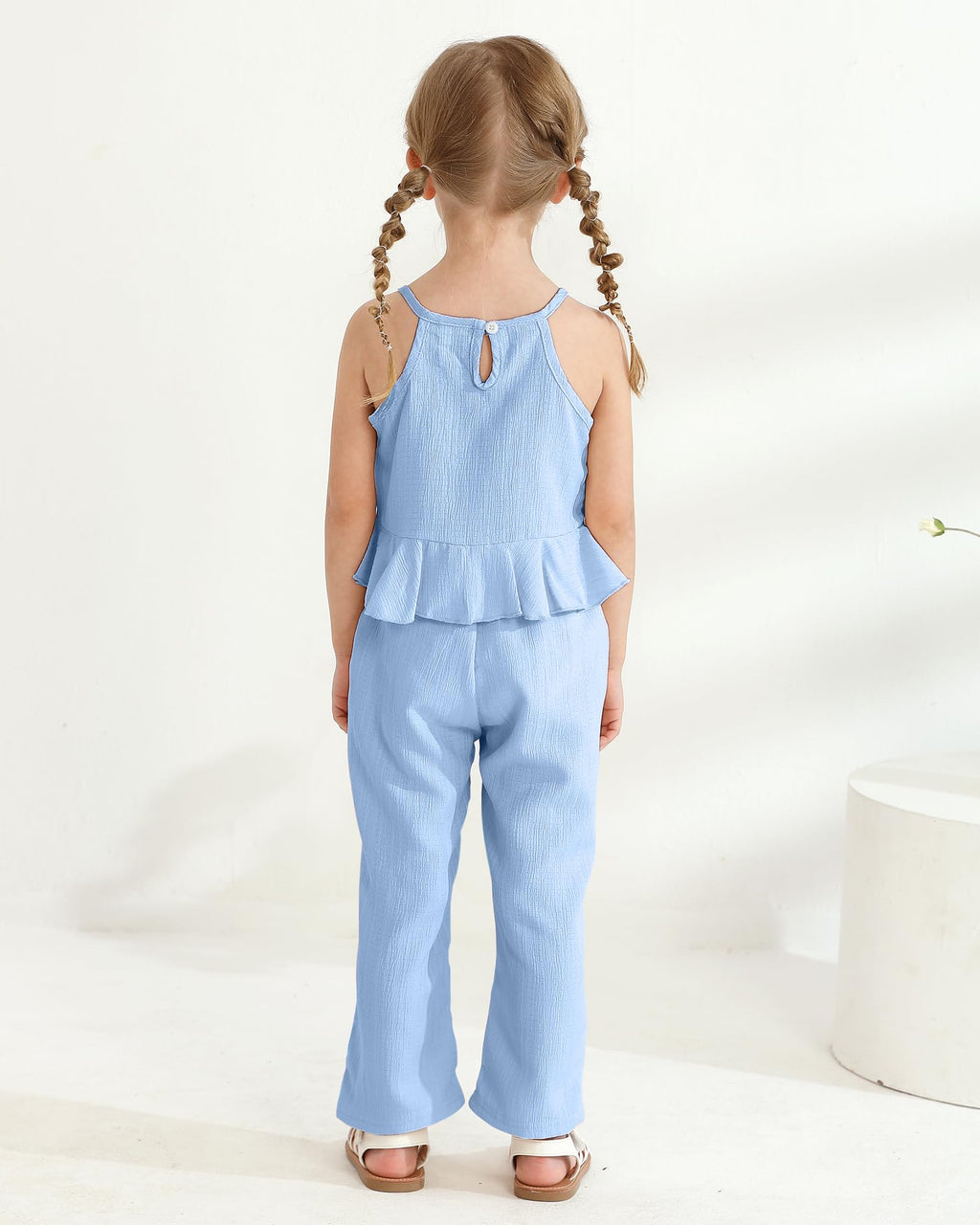 Kucnuzki Baby Girl Clothes Toddler Girl Summer Outfits Sleeveless Ruffle Halter Tops Wide Leg Pants Kids Clothing Set