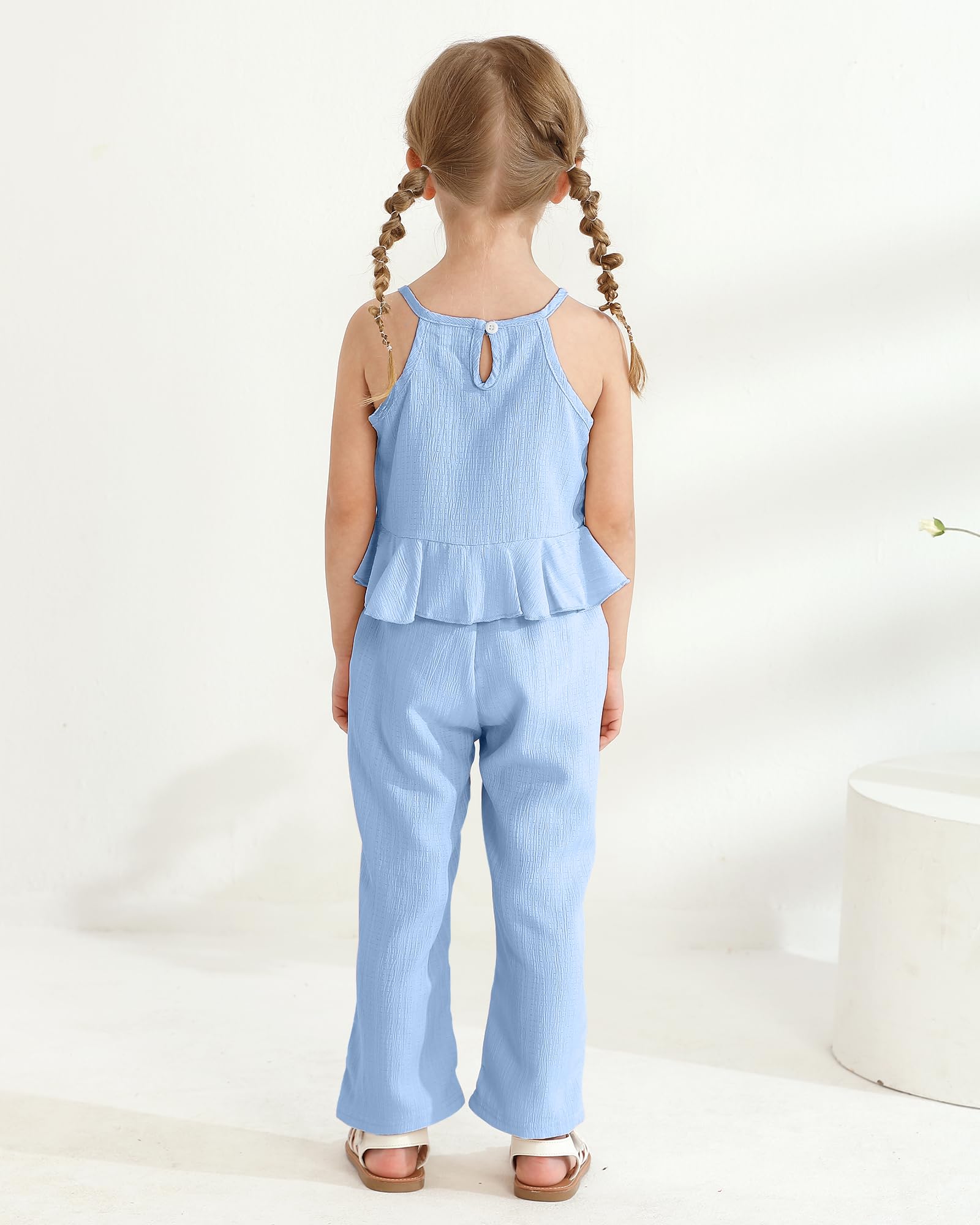 Kucnuzki Baby Girl Clothes Toddler Girl Summer Outfits Sleeveless Ruffle Halter Tops Wide Leg Pants Kids Clothing Set