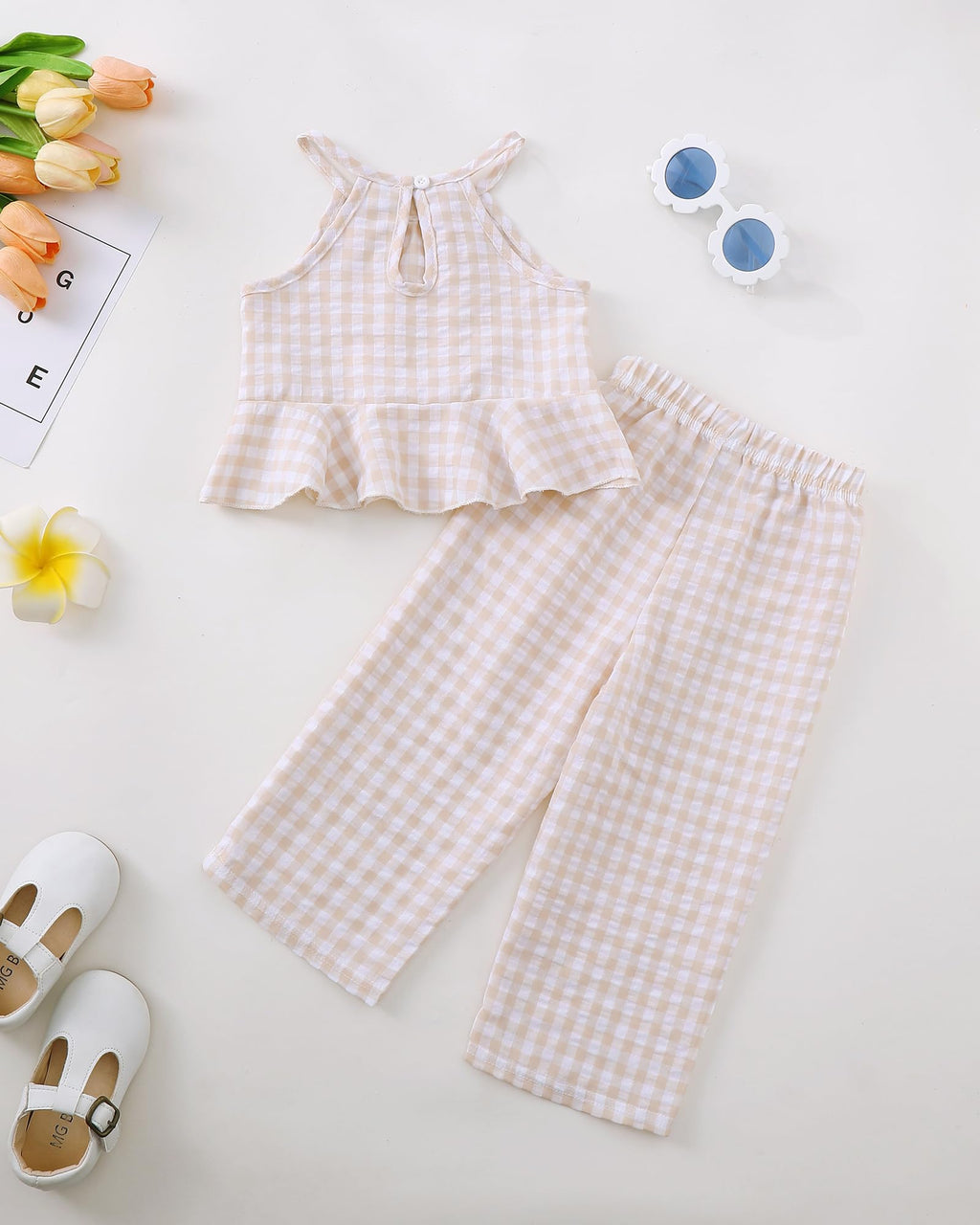 Kucnuzki Baby Girl Clothes Toddler Girl Summer Outfits Sleeveless Ruffle Halter Tops Wide Leg Pants Kids Clothing Set
