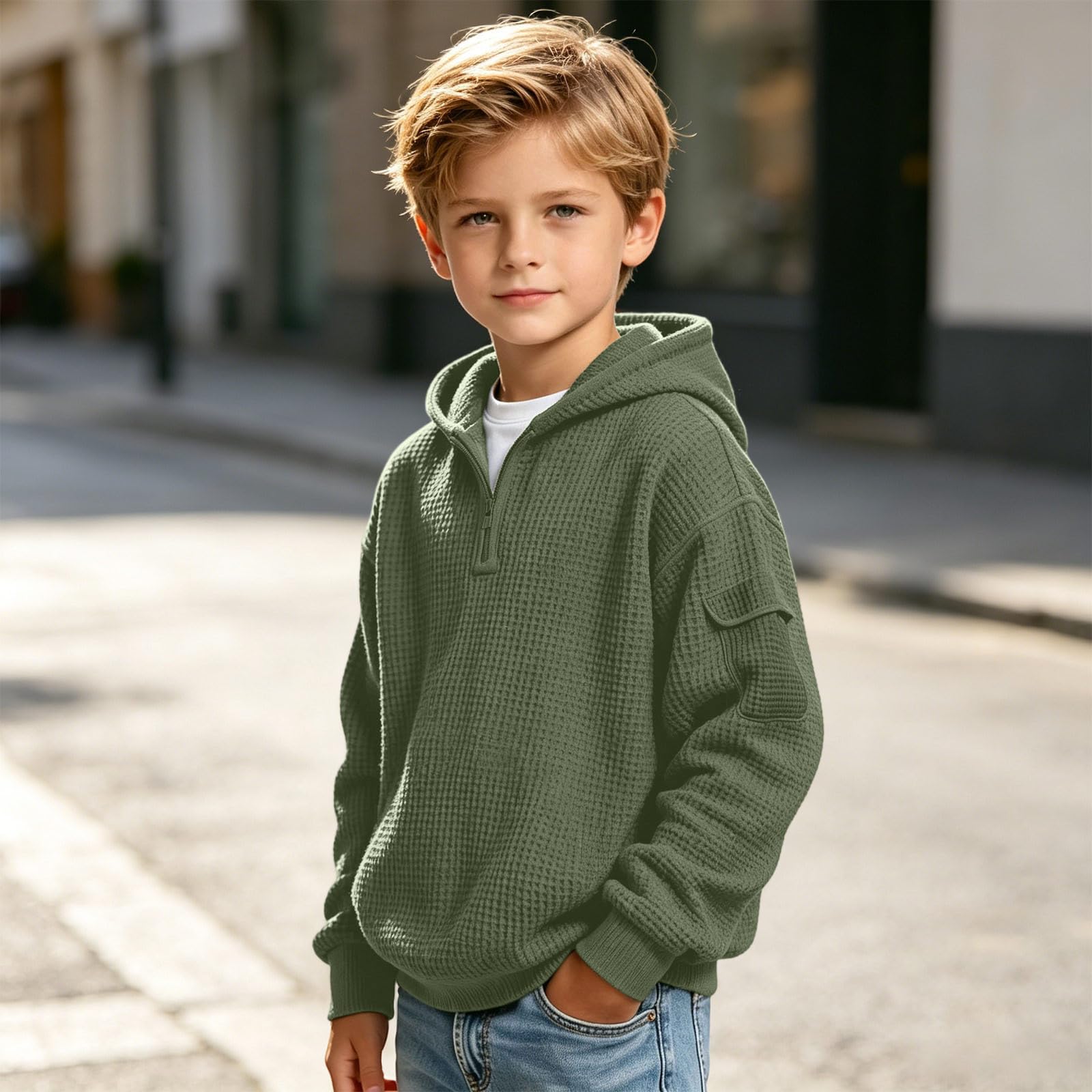 Hoodies for Boys Quarter Zip Waffle Knit Pullover Hooded Sweatshirt Tops | 3-14 Years,Kids Zip Long Sleeve Hoodie,Teen Boy Fashion Fall Winter Casual Sweatshirts,Back to School Clothes
