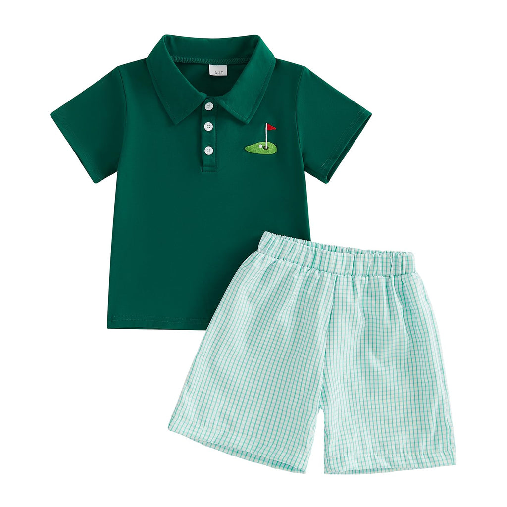 Chloefairy Toddler Baby Boy Golf Outfit Short Sleeve Golf Cart Polo T Shirts Top Shorts Set 2Pcs Golf Theme Summer Clothes