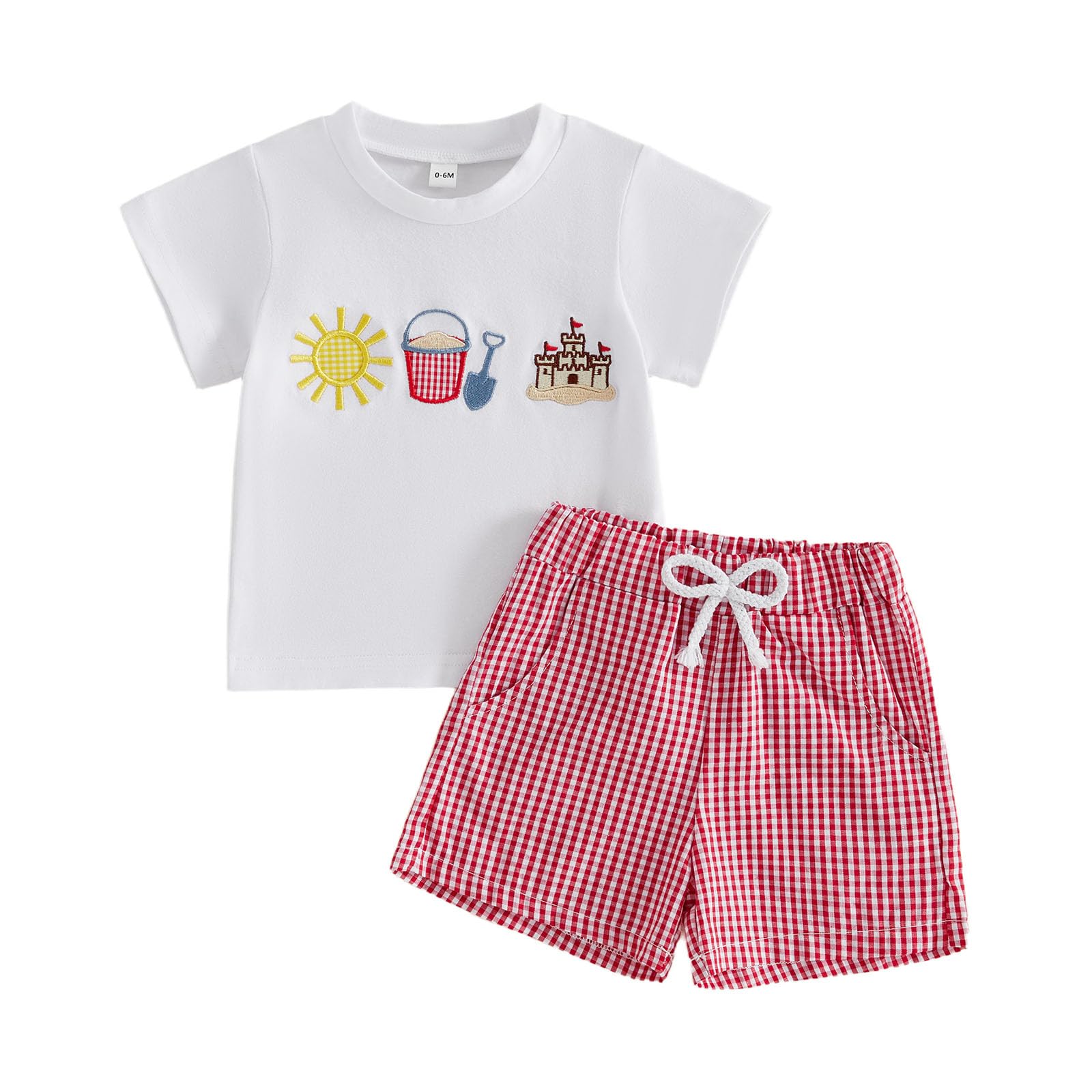 Bagilaanoe Toddler Baby Boy Short Sleeve T-Shirt+ Plaid Shorts Set Castle Embroidery Outfit Beach Clothes 2PCS Set